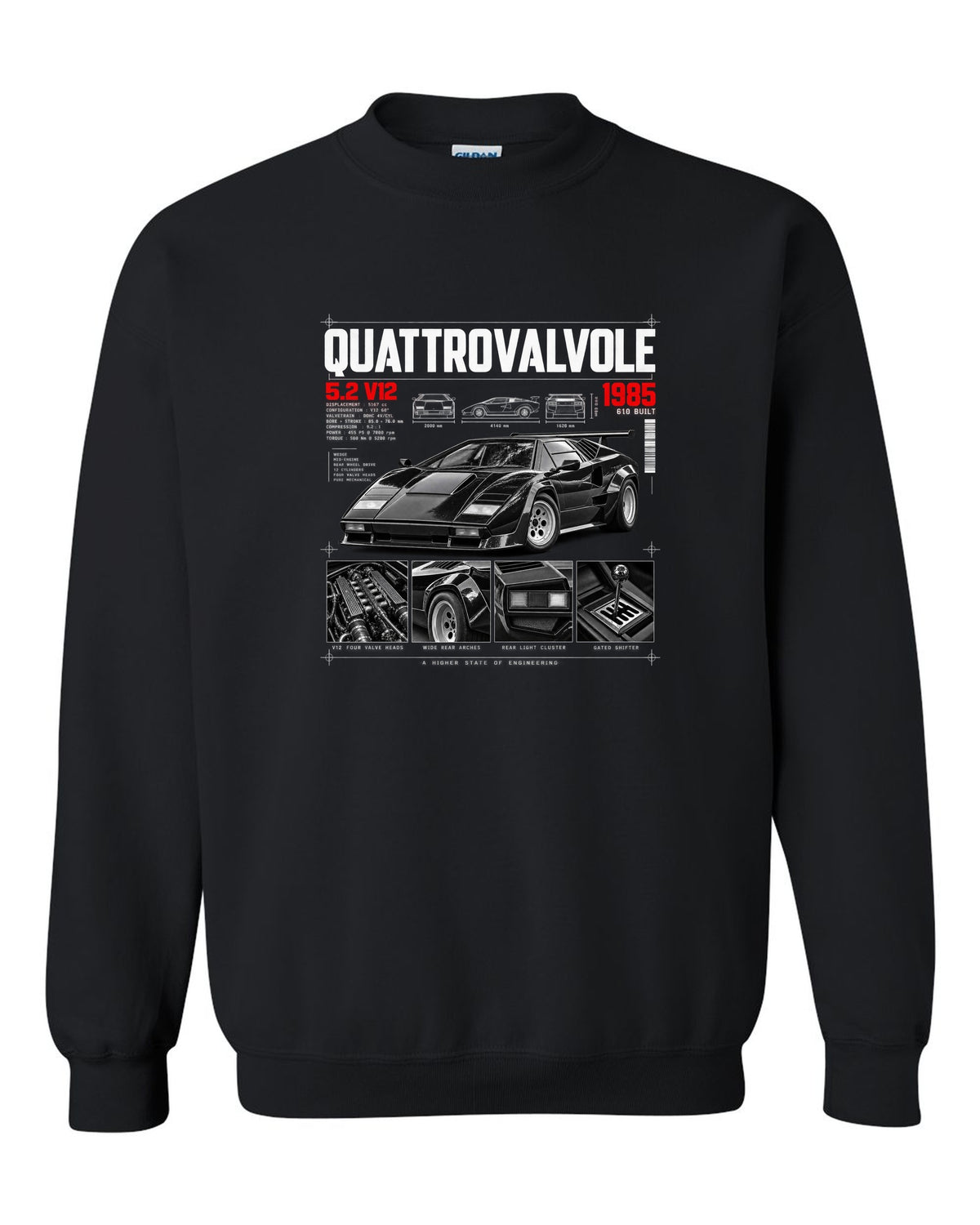 Dossier panel print of a Lamborghini Countach LP5000 QV with 5.2 V12 and 610 built text black crewneck front view with the design