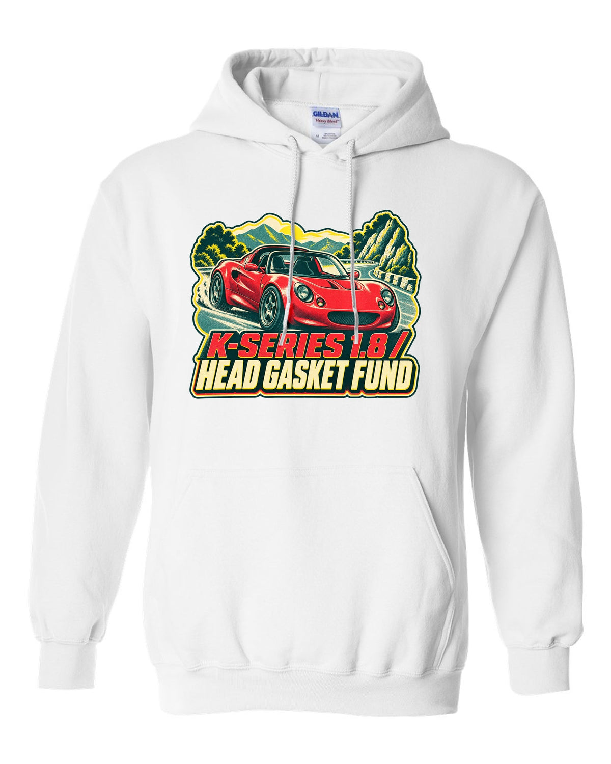 Lotus Elise S1 risograph print with K-Series 1.8 head gasket fund lettering white pull over hoodie front view with the design