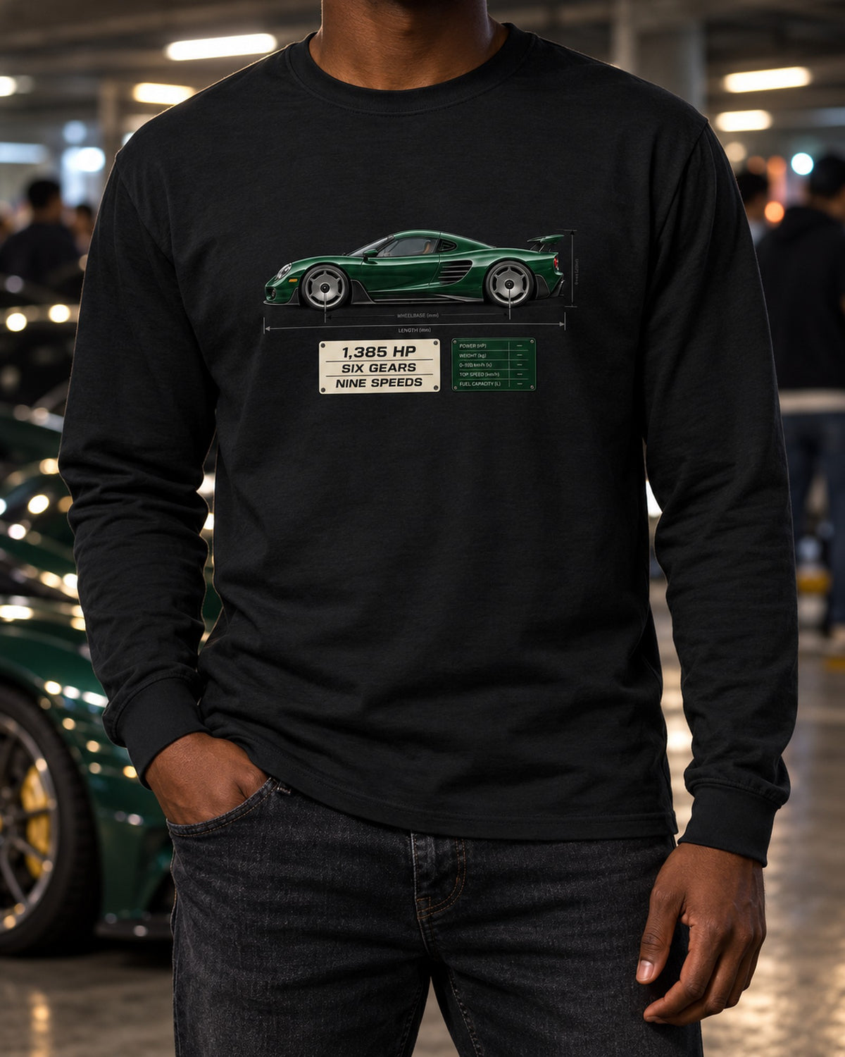 Koenigsegg CC850 Dimension Blueprint Shirt, Car Guy Gift Long Sleeve Black worn hero
