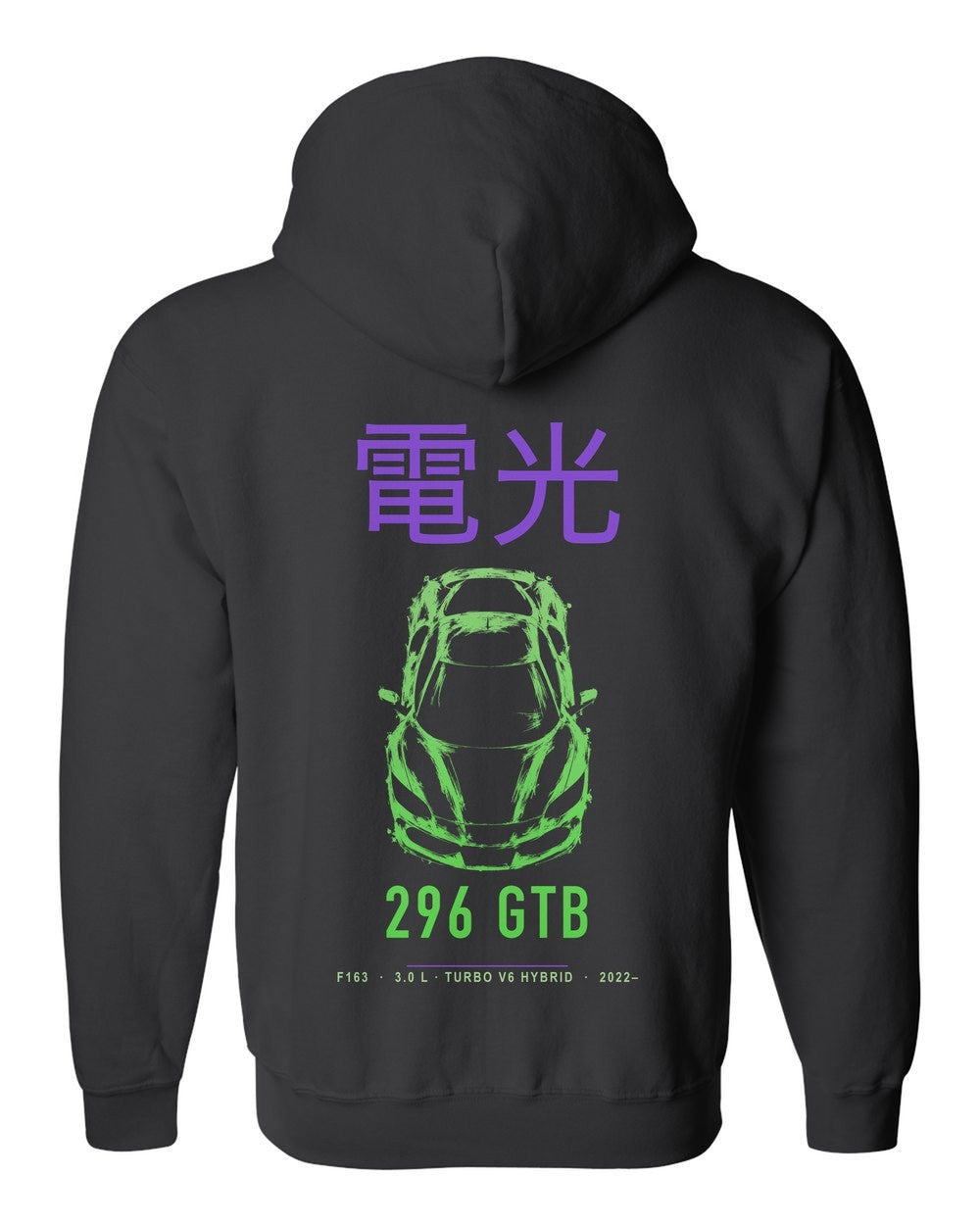 296 GTB full-back artwork black zip hoodie back view with the design