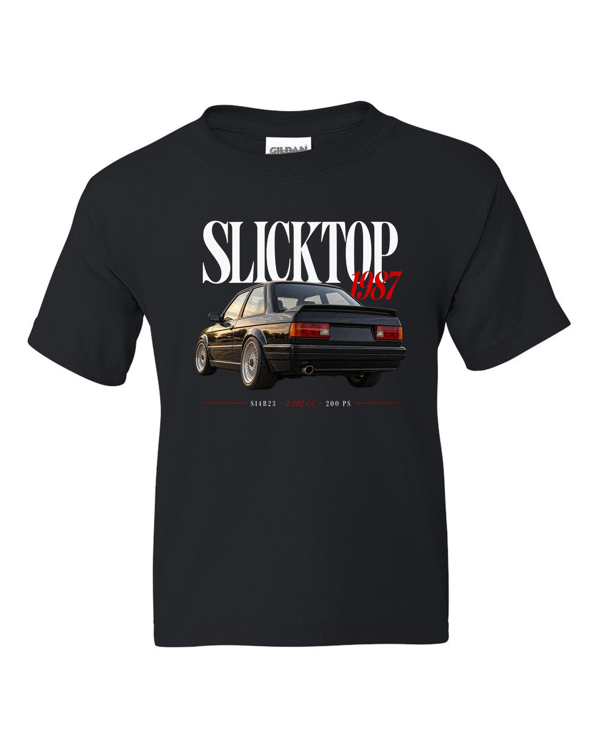 BMW E30 M3 Slicktop 1987 editorial headline print with S14B23 spec text black kids tee front view with the design