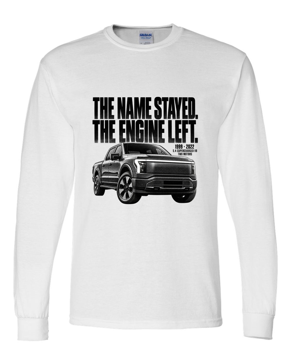 Halftone Ford F-150 Lightning 2022 front three-quarter with 1999 versus 2022 text white long sleeve front view with the design