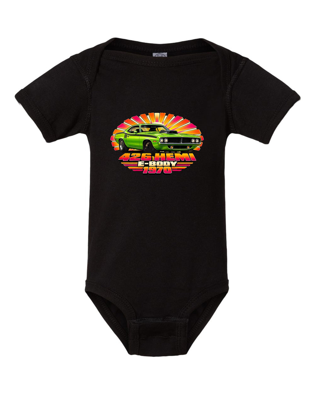 1970 Plymouth Hemi Cuda E-body 70s airbrush sunburst print with 426 Hemi text black baby onesie front view with the design