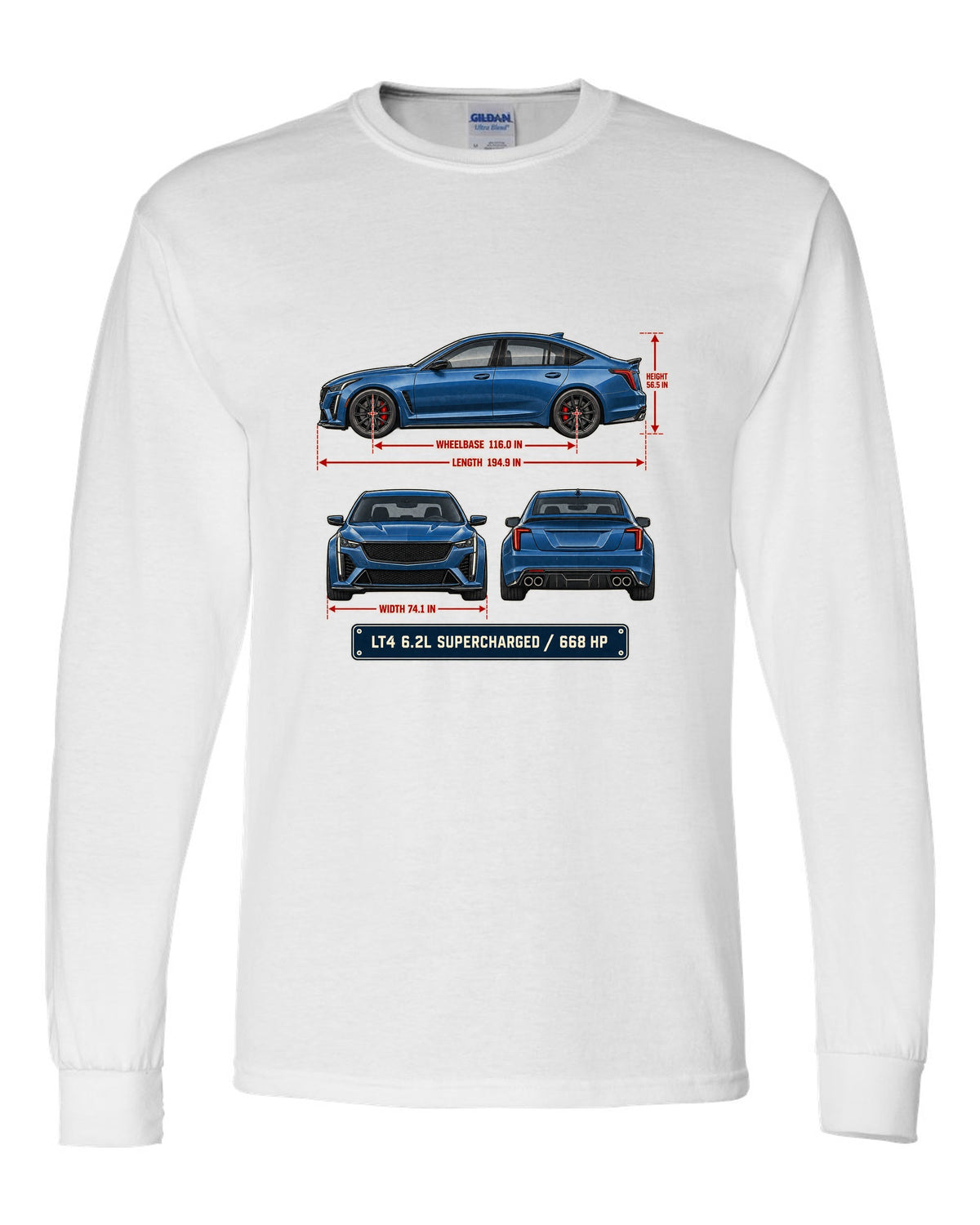 Dimension blueprint print of a Cadillac CT5-V Blackwing sedan white long sleeve front view with the design