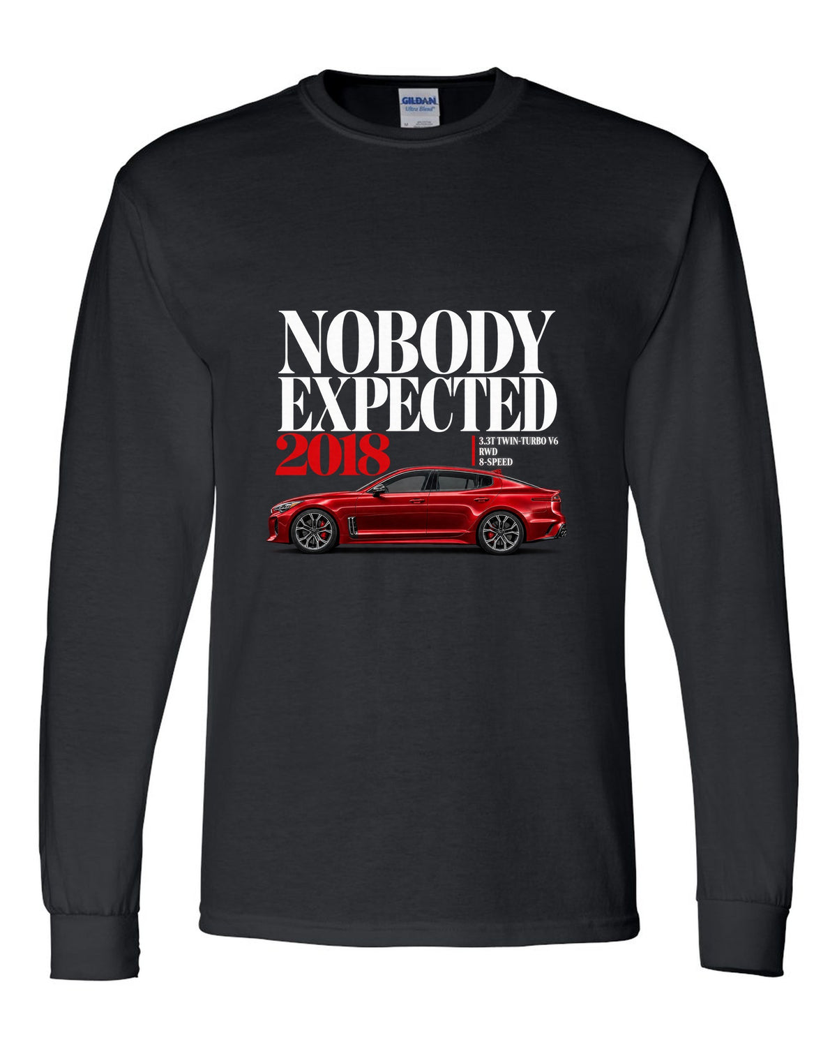 Kia Stinger GT editorial headline print with twin-turbo V6 spec text black long sleeve front view with the design