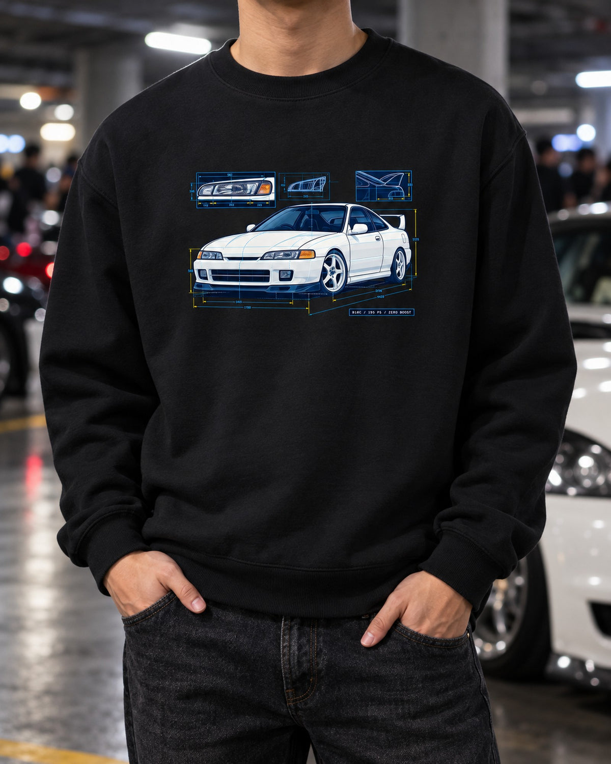 Honda Integra DC2 Headlight Blueprint Shirt, B18C Print Crewneck Black worn hero