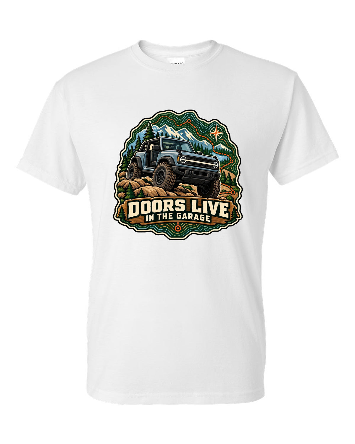 Ford Bronco U725 two-door on a topographic trail route map print white t-shirt front view with the design