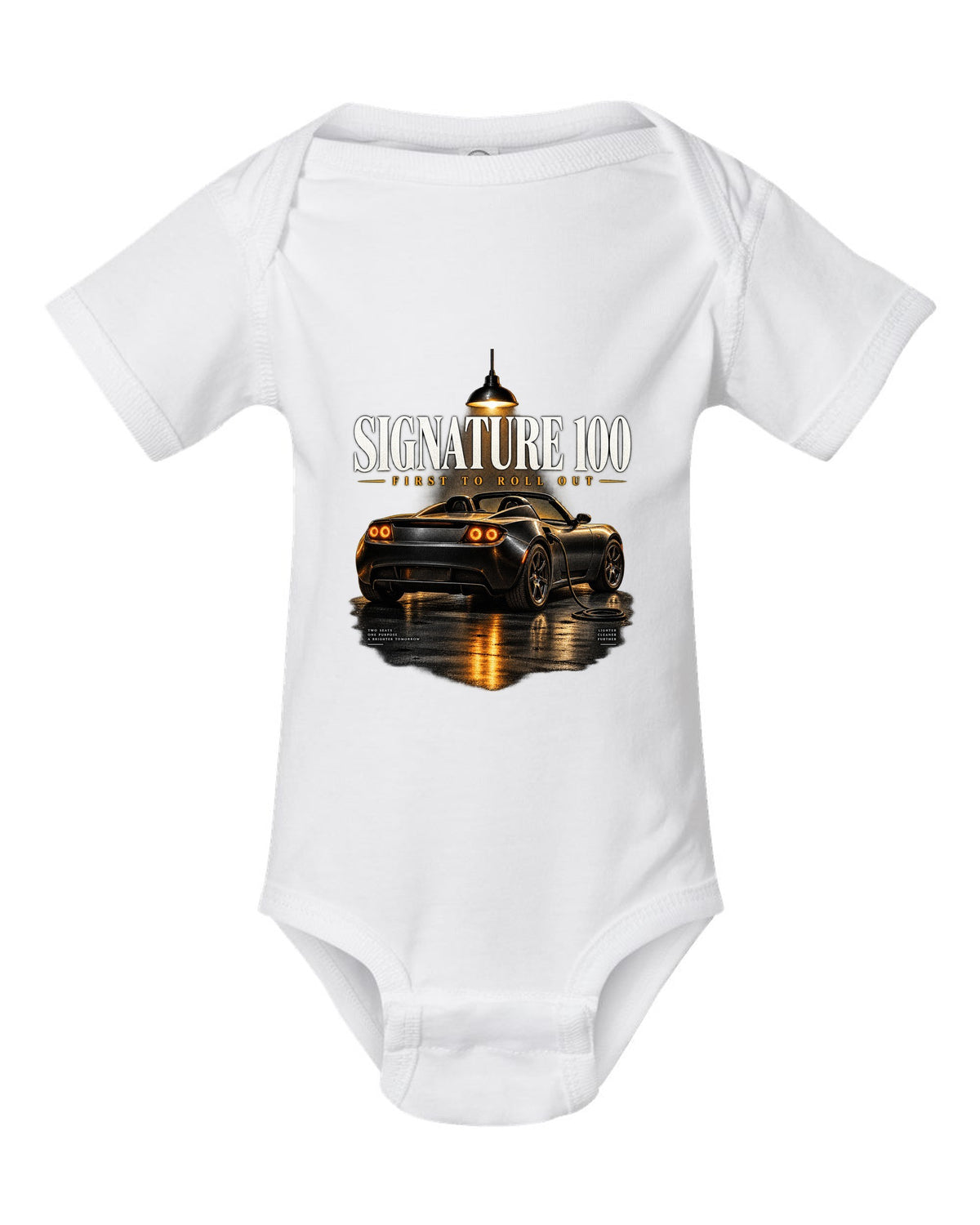 Tesla Roadster Gen 1 Signature 2008 in a night garage with the text Signature 100 first to roll out white baby onesie front view with the design
