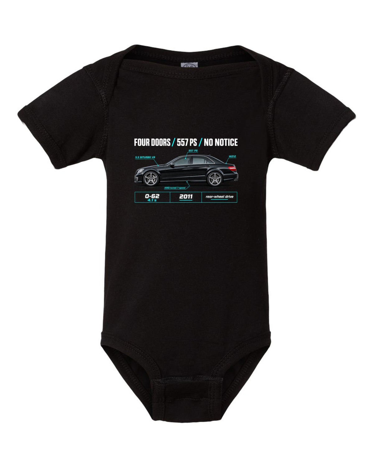 print spec poster of a 2011 Mercedes E63 AMG W212 sedan with text Four Doors 557 PS No Notice black baby onesie front view with the design