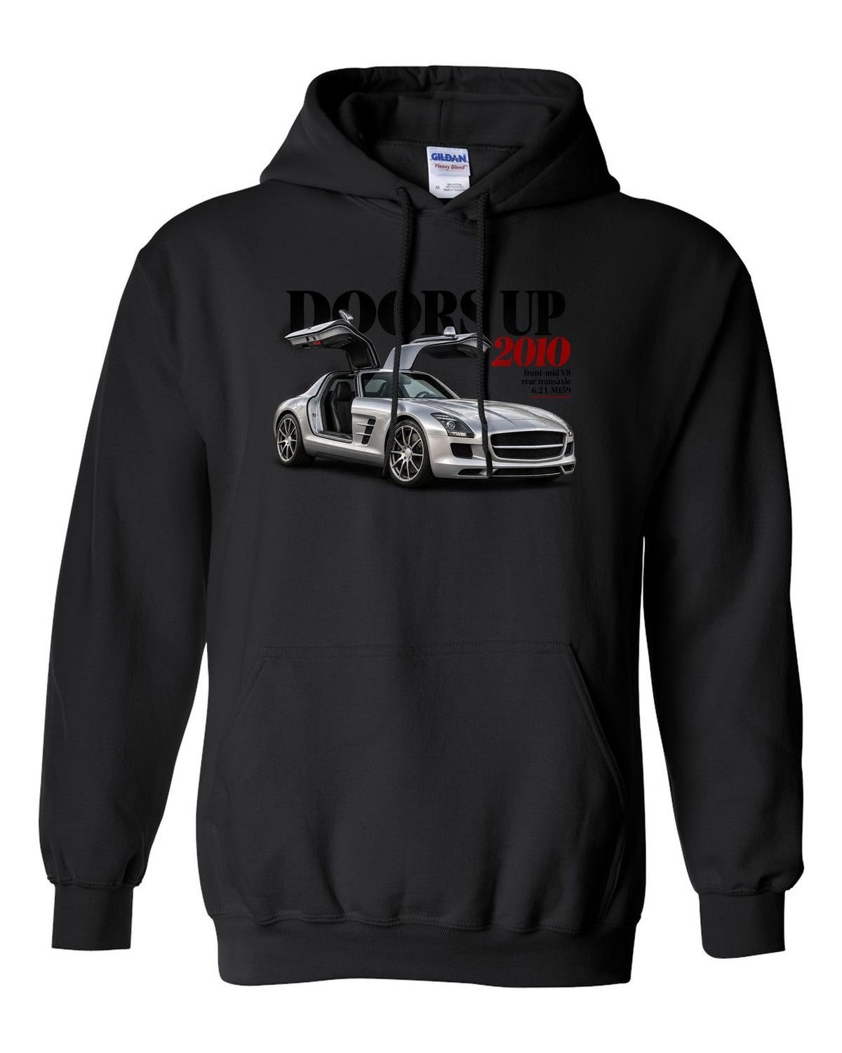 Editorial print of a Mercedes SLS AMG C197 with gullwing doors raised and Doors Up 2010 lettering black pull over hoodie front view with the design