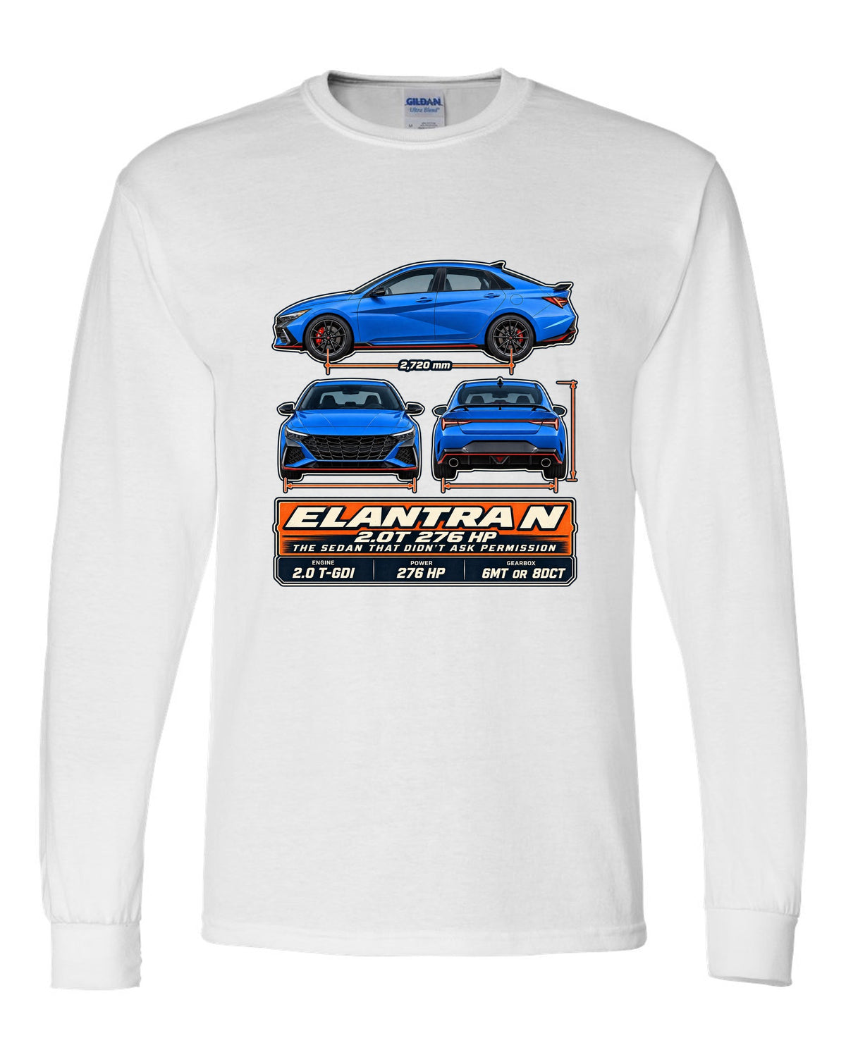 Hyundai Elantra N CN7 three-view drawing with spec table, print white long sleeve front view with the design