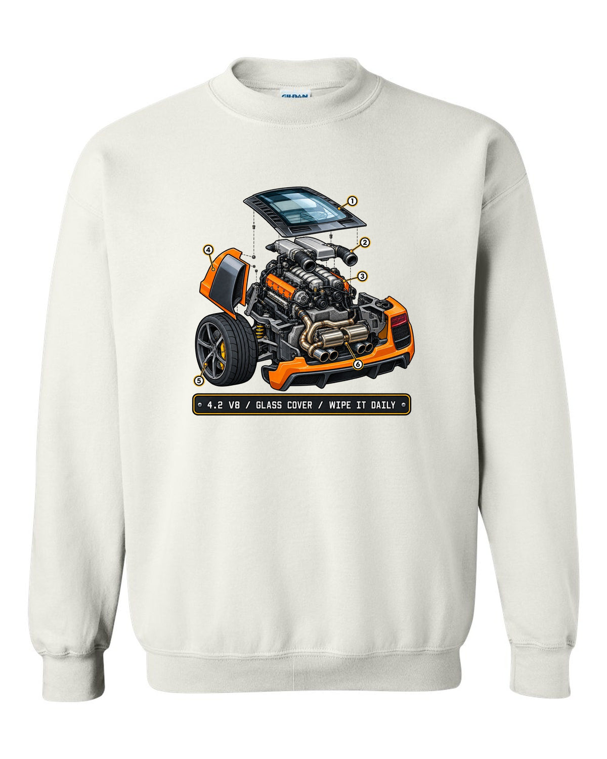 Isometric exploded view print of the Audi R8 Type 42 4.2 V8 with glass cover white crewneck front view with the design