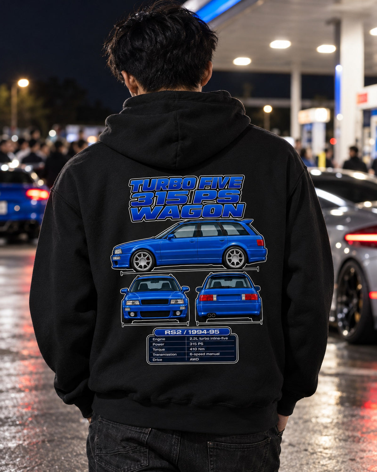 Audi Rs2 Avant Spec Sheet Full-Back Graphic Tee Pull Over Hoodie Black worn hero