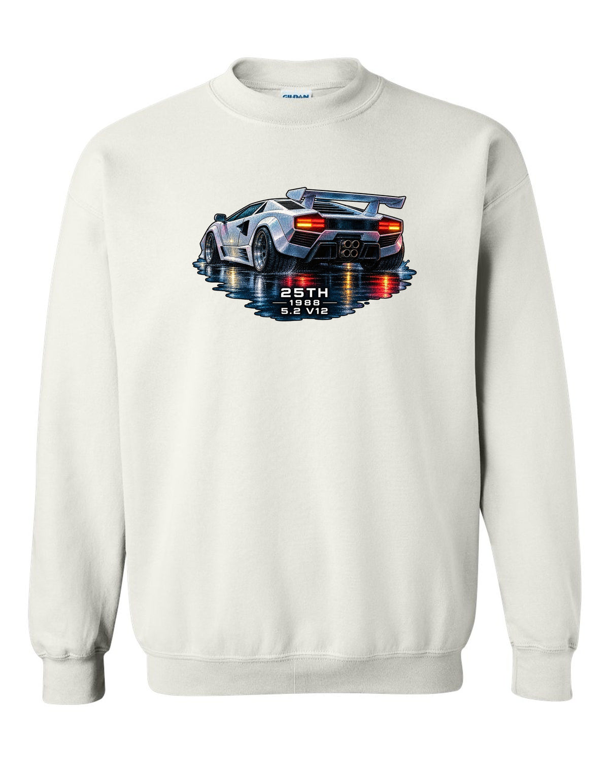 Watercolour wet-road night scene of a Lamborghini Countach 25th Anniversary with 25th 1988 5.2 V12 text white crewneck front view with the design