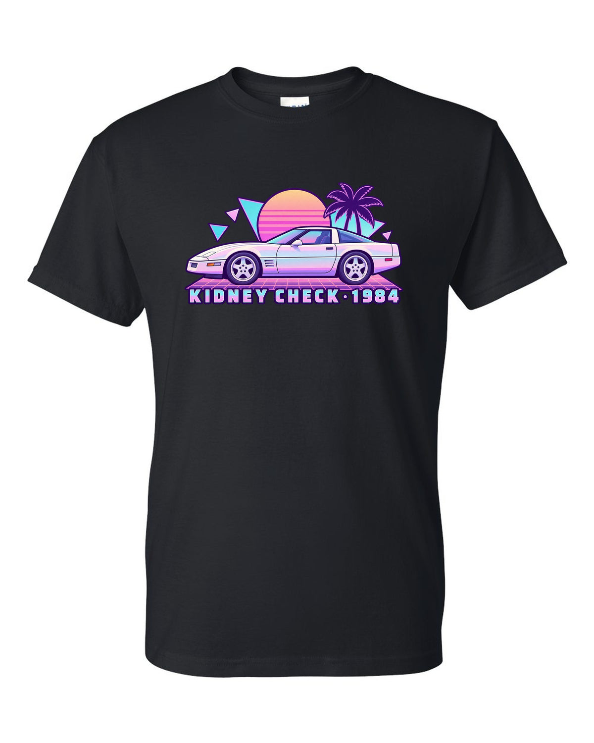 Pastel vaporwave print of a 1984 Chevrolet Corvette C4 coupe with Kidney Check text black t-shirt front view with the design