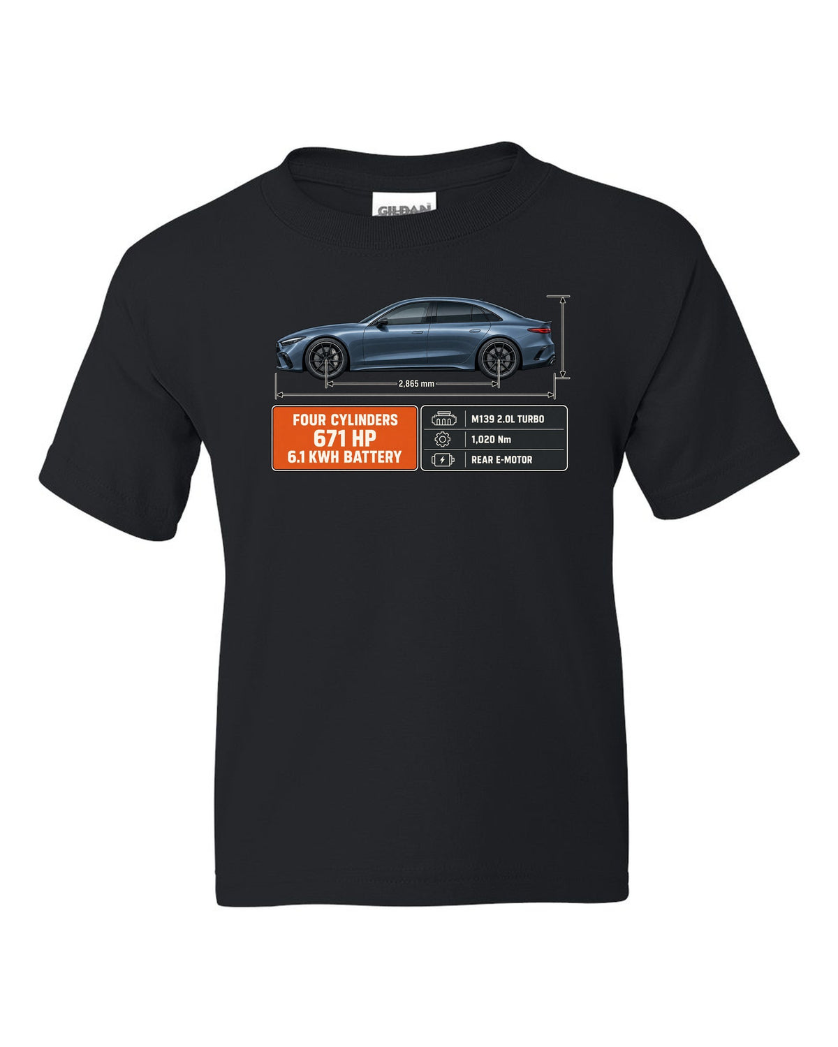 Mercedes-AMG C63 S E Performance W206 blueprint with dimension lines black kids tee front view with the design