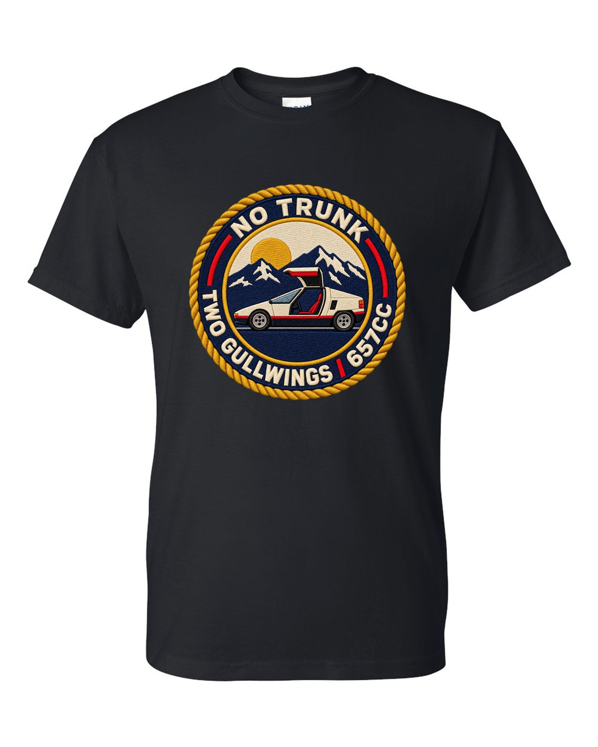 Embroidery-style varsity crest print for the Autozam AZ-1 PG6SA with no trunk two gullwings 657cc lettering black t-shirt front view with the design