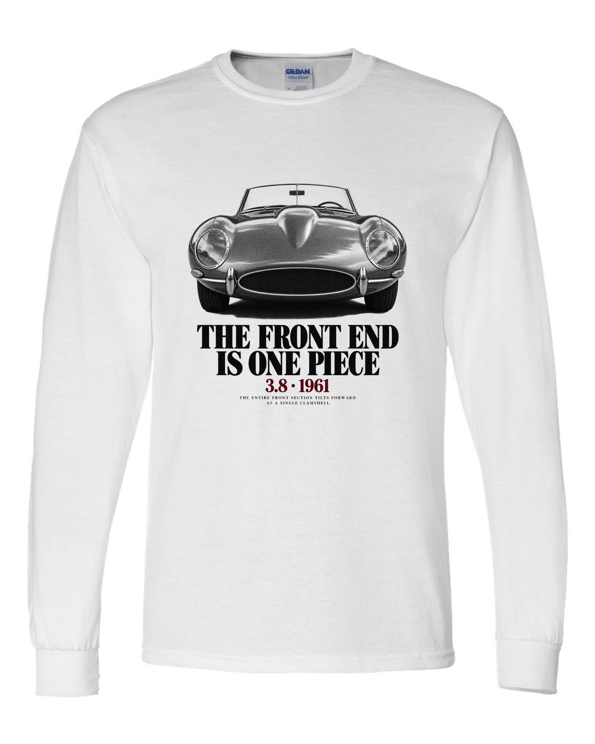 Jaguar E-Type Series 1 front end macro print white long sleeve front view with the design
