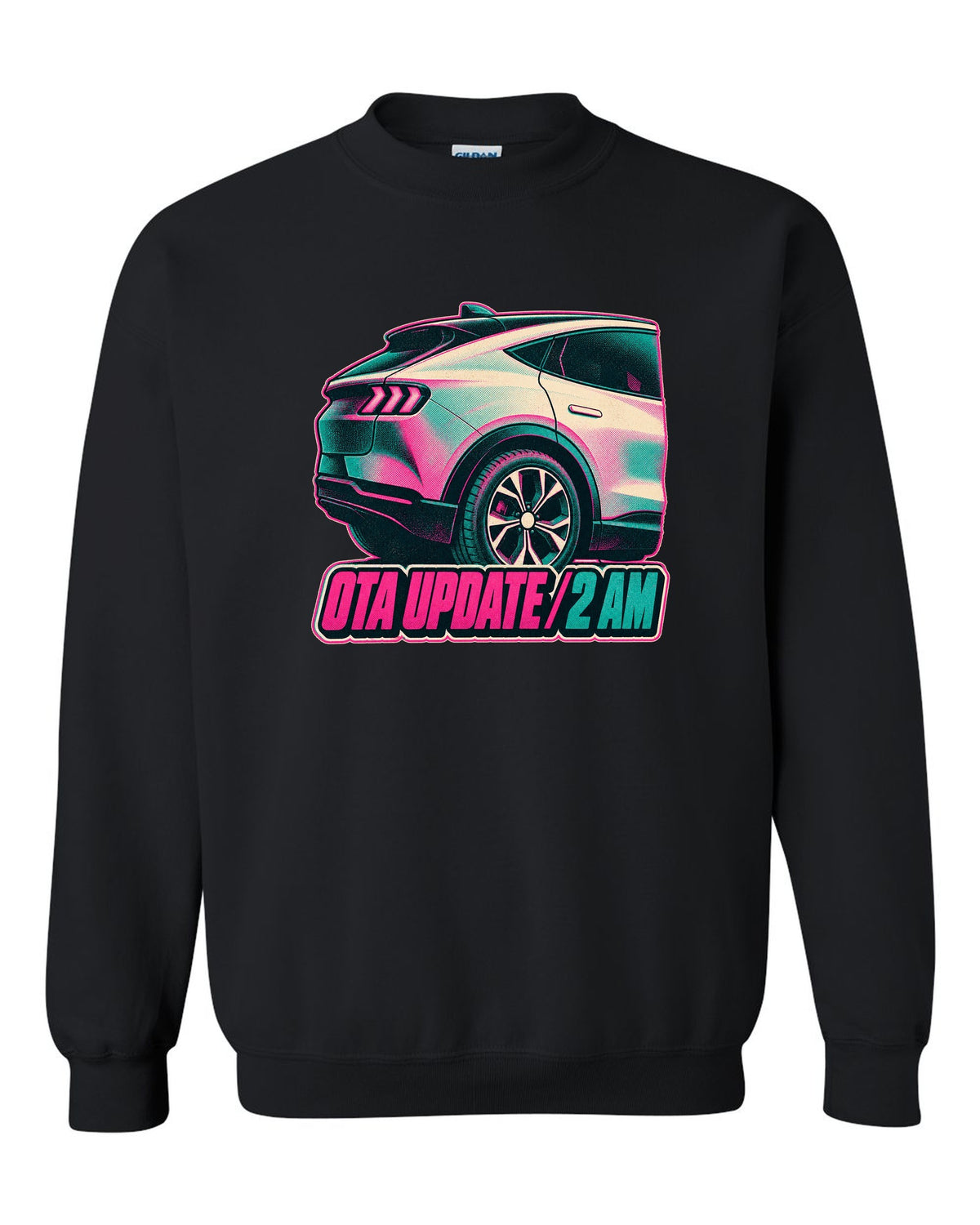Risograph halftone wheel print of a 2020 Mustang Mach-E CX727 reading OTA Update 2 AM black crewneck front view with the design