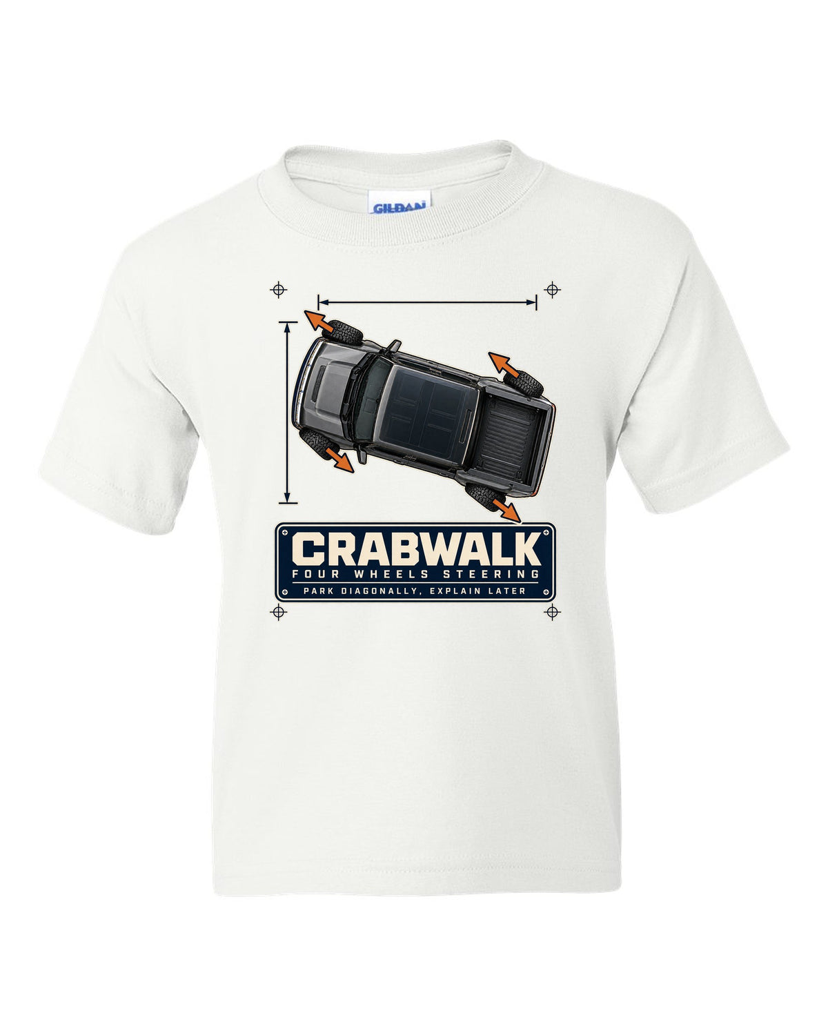 Top-view dimension blueprint print of a Hummer EV pickup showing CrabWalk diagonal steering white kids tee front view with the design
