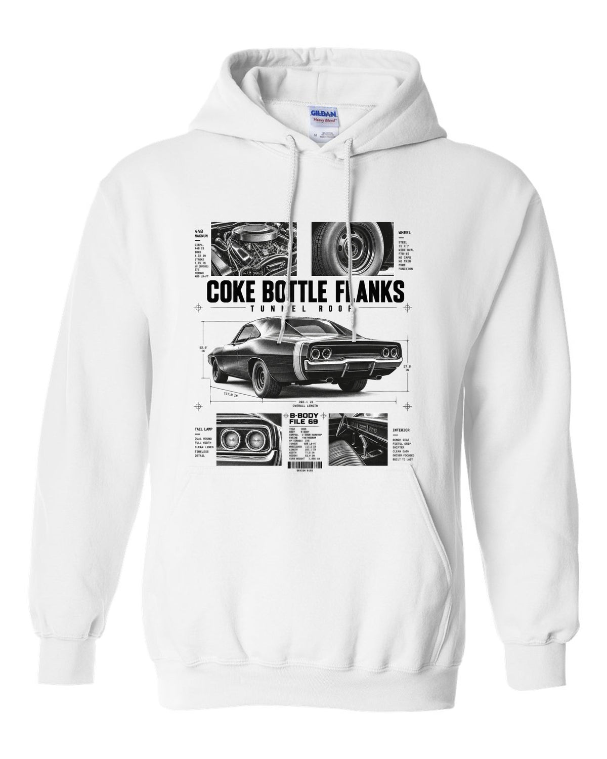 Dossier panel print of a 1969 Dodge Charger R/T with coke bottle flanks and tunnel roof notes white pull over hoodie front view with the design