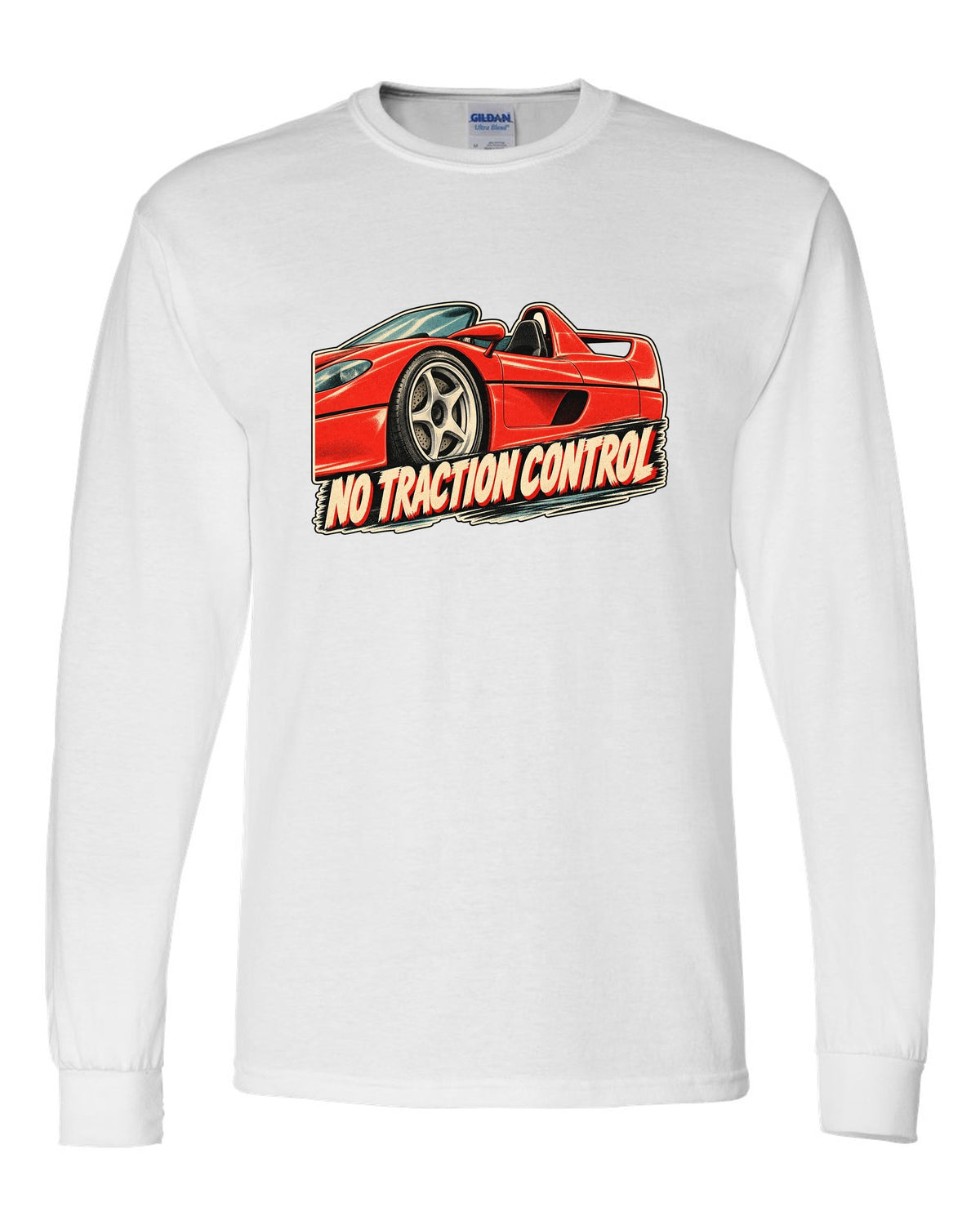 Retro Japanese showa advert style print of a 1995 Ferrari F50 F130 with no traction control text white long sleeve front view with the design