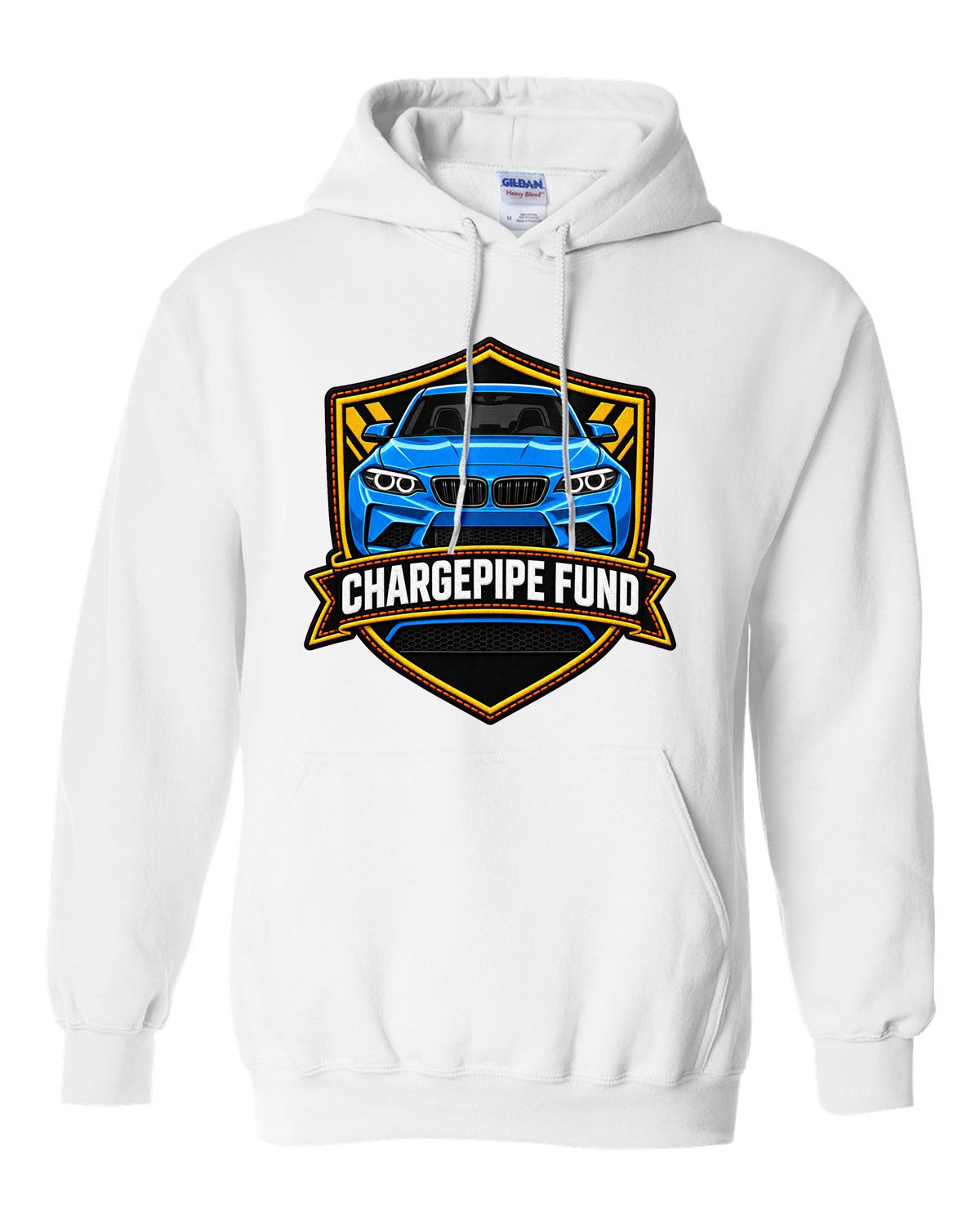 Linocut woodcut-style print of a BMW M2 G87 brake duct with 453 HP text white pull over hoodie front view with the design