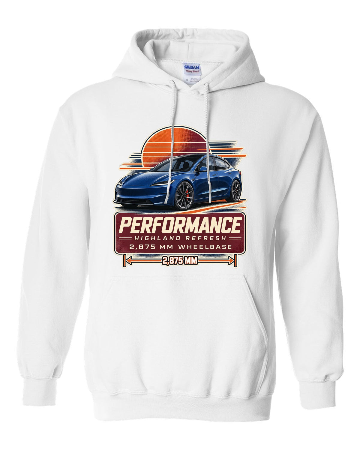Spec poster print of a Tesla Model 3 Performance Highland refresh white pull over hoodie front view with the design
