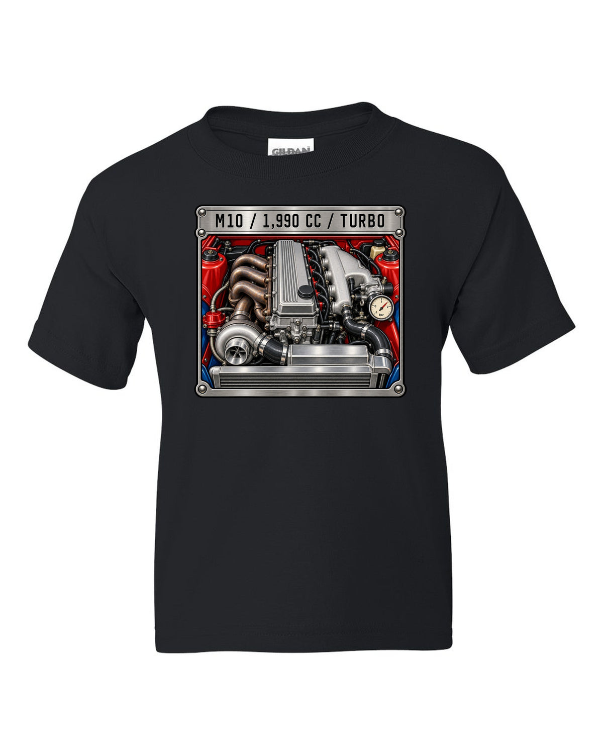 BMW 2002 turbo M10 engine spec data plate print with 1,990 cc text black kids tee front view with the design