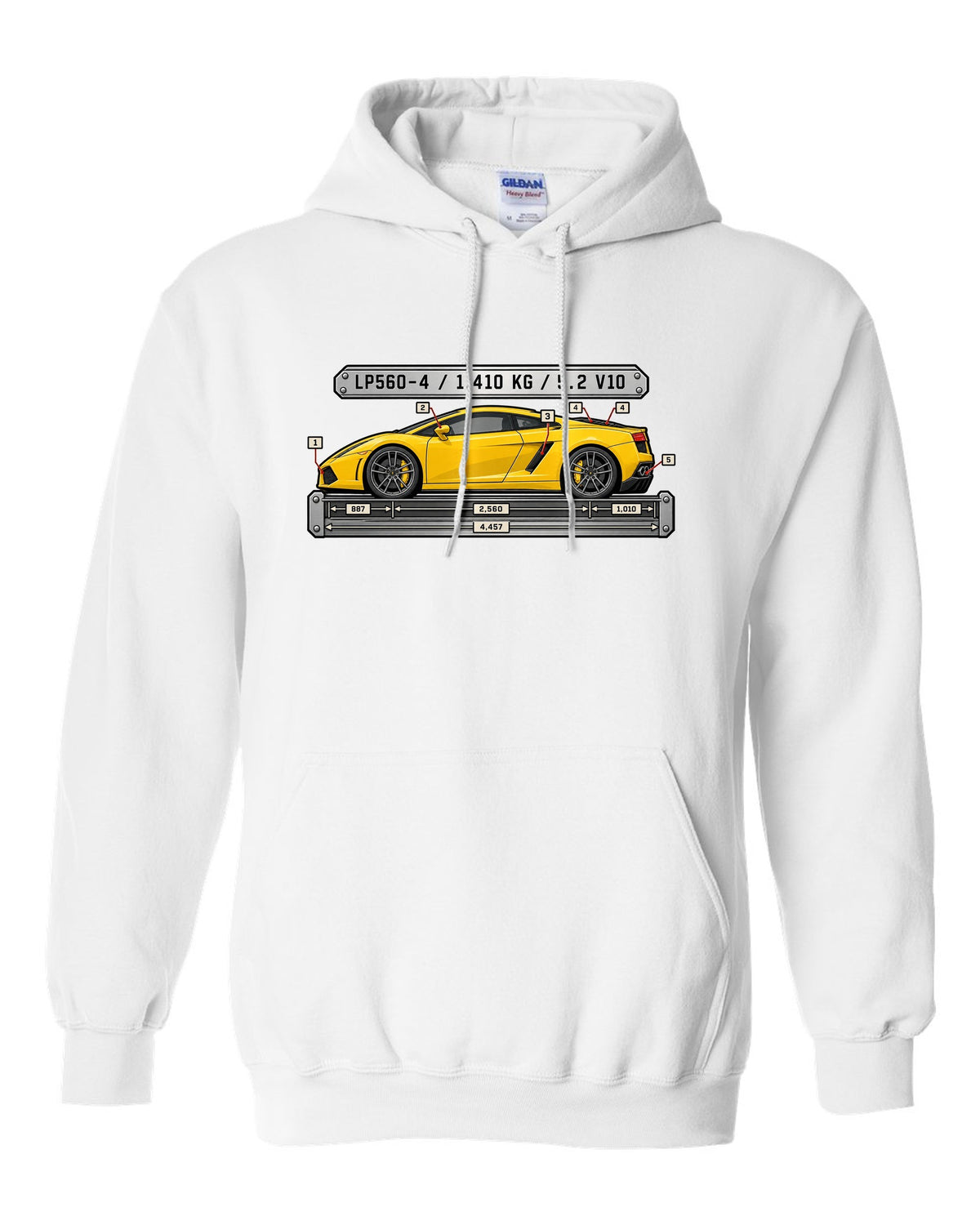 Spec-sheet data plate design for a Lamborghini Gallardo LP560-4 with weight and engine text white pull over hoodie front view with the design