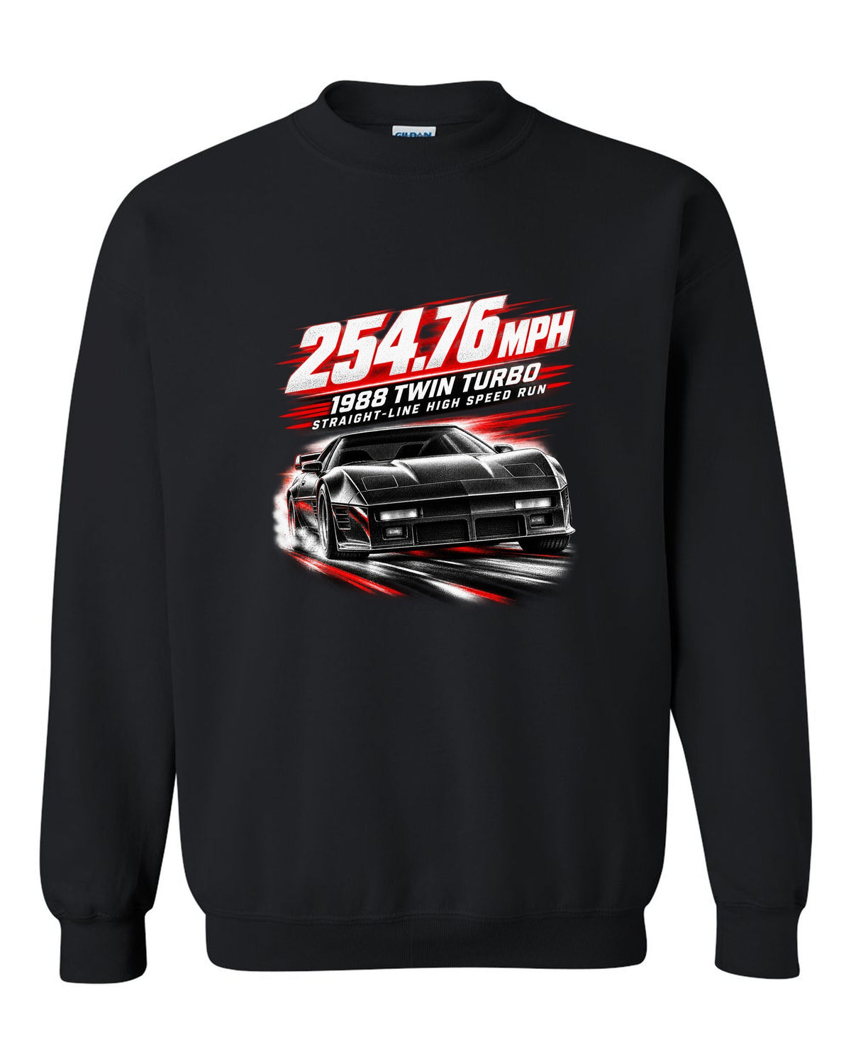 Callaway Sledgehammer 1988 twin-turbo C4 coupe race poster print 254.76 mph black crewneck front view with the design