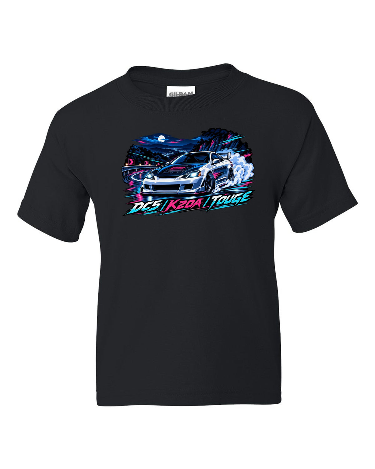 Crest layout print for the Honda Integra Type R DC5 with 6MT only text black kids tee front view with the design