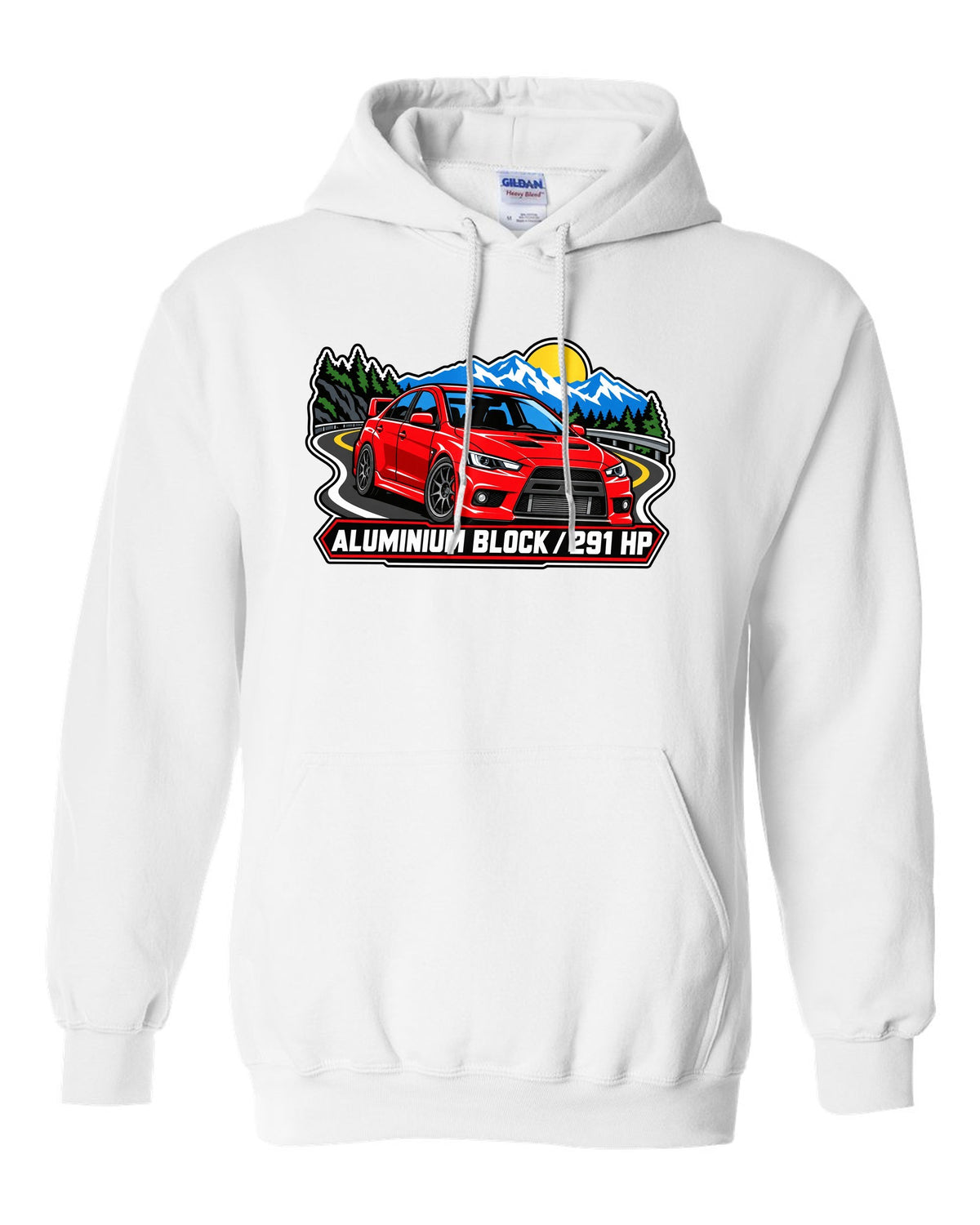 Bold three-colour screen-print style print of an airborne Mitsubishi Evo X CZ4A with all four left the ground text white pull over hoodie front view with the design