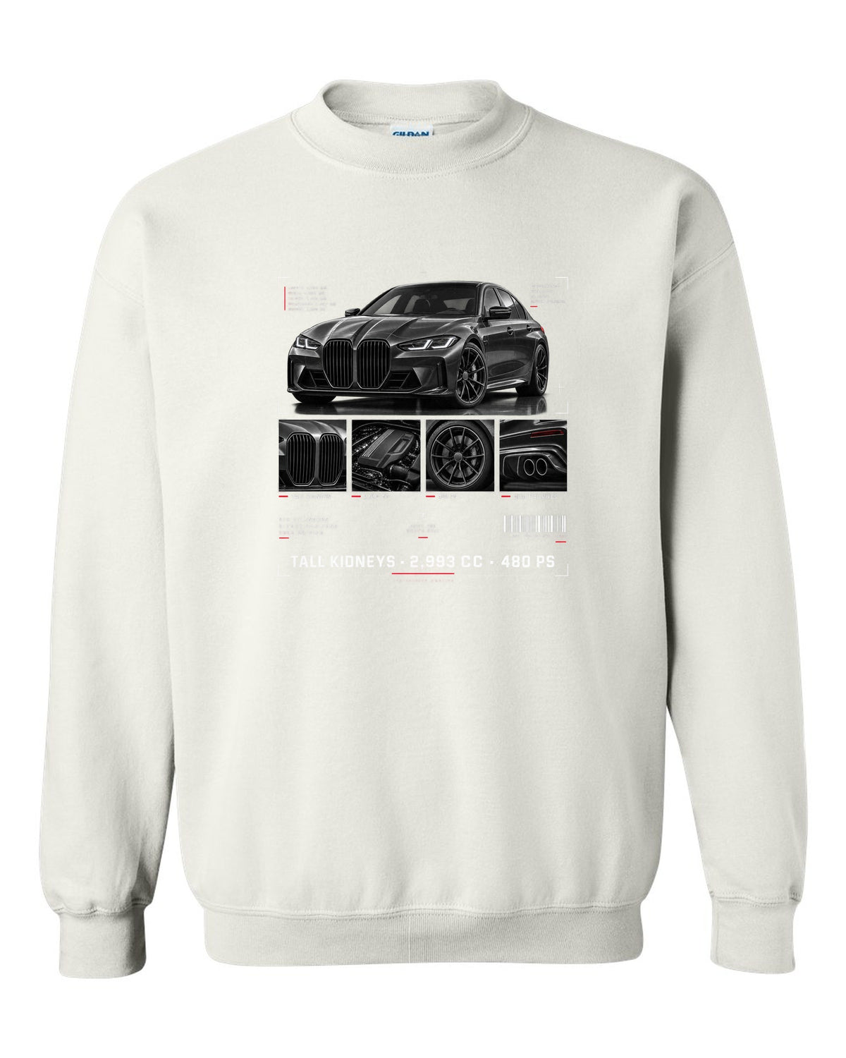 BMW G80 M3 dossier panel print with tall kidneys 2,993 cc and 480 PS white crewneck front view with the design