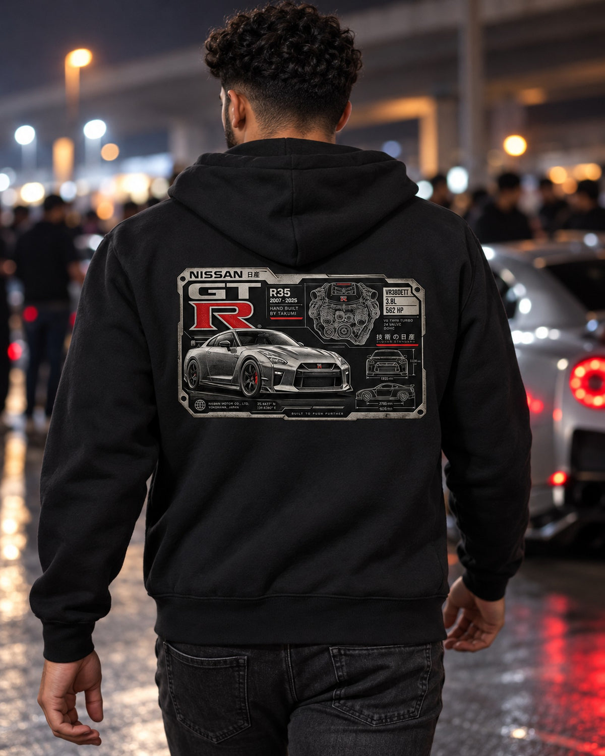 Nissan GT-R R35 VR38DETT Spec Plate print Shirt Zip Hoodie Black worn hero