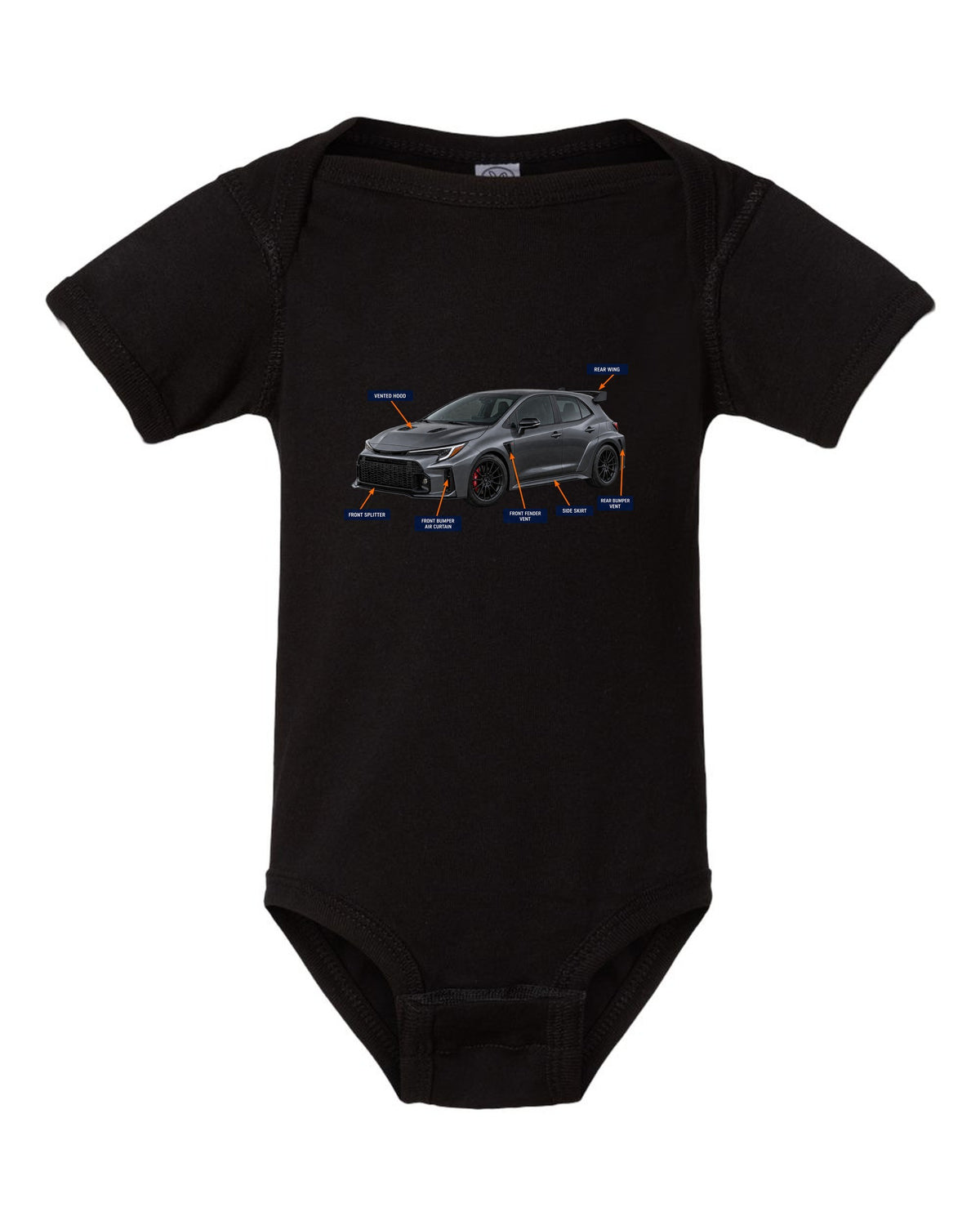 Toyota GR Corolla Circuit Edition chback with aero cutaway callouts and G16E-GTS text black baby onesie front view with the design