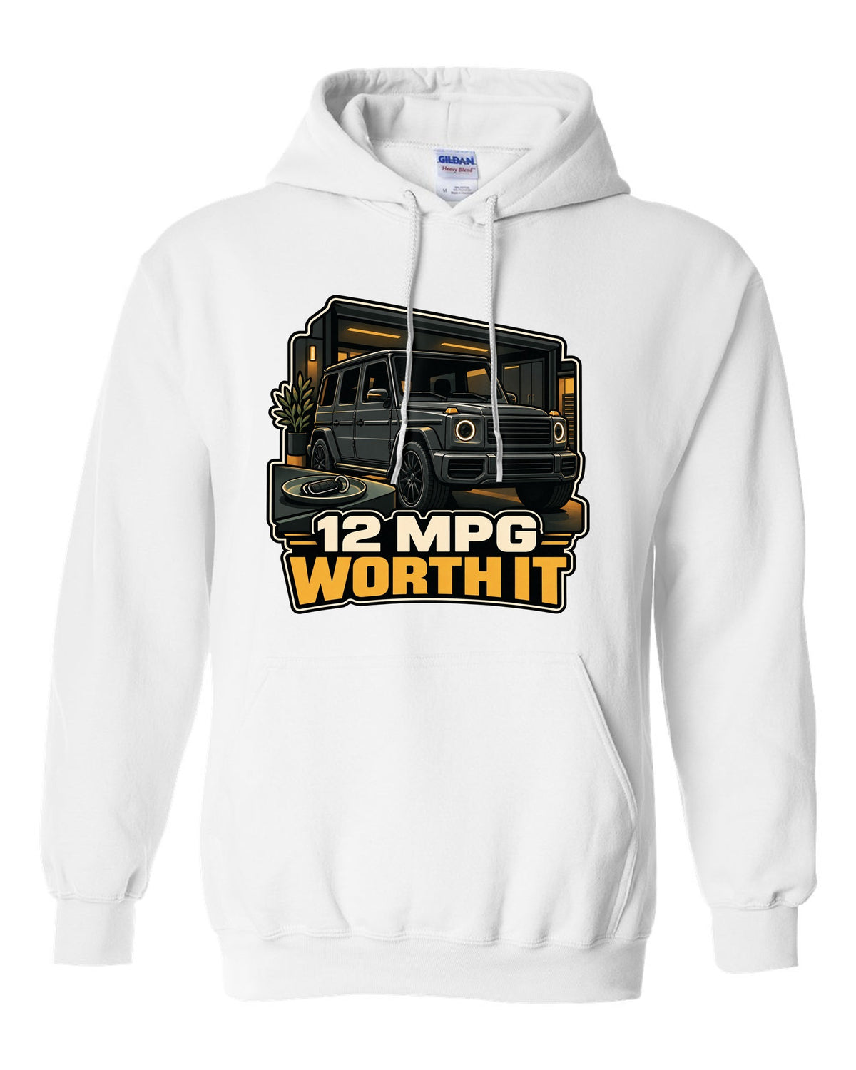 Army surplus stamp graphic reading Gelandewagen 1979 for the Mercedes G-Class W460, print white pull over hoodie front view with the design