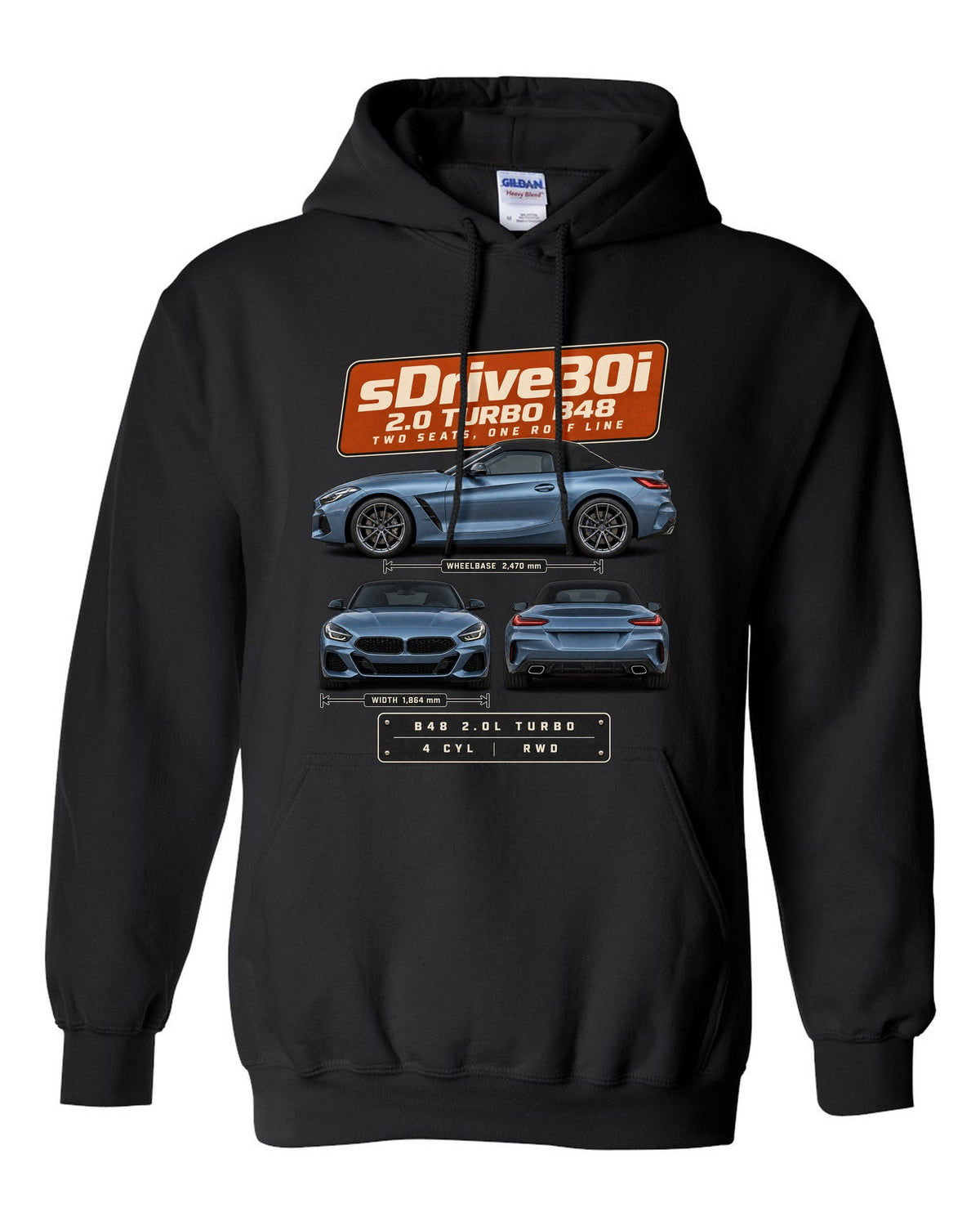 Three-view drawing and spec table print of the BMW Z4 sDrive30i G29 black pull over hoodie front view with the design