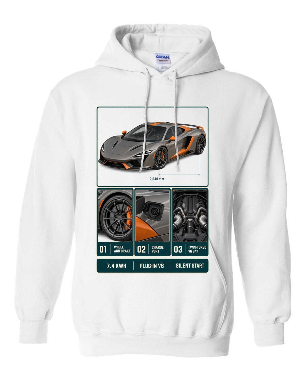 McLaren Artura dossier panel print with 7.4 kWh, plug-in V6 and silent start white pull over hoodie front view with the design