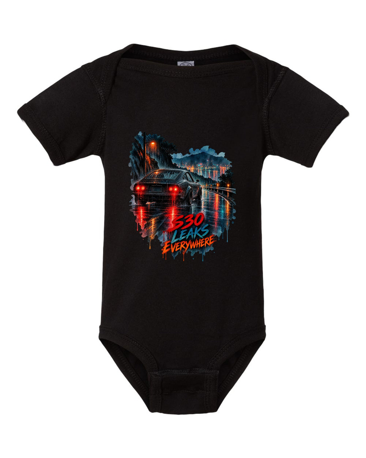 Watercolour wet-road night print of a Nissan Fairlady Z S30 with leaks everywhere lettering black baby onesie front view with the design