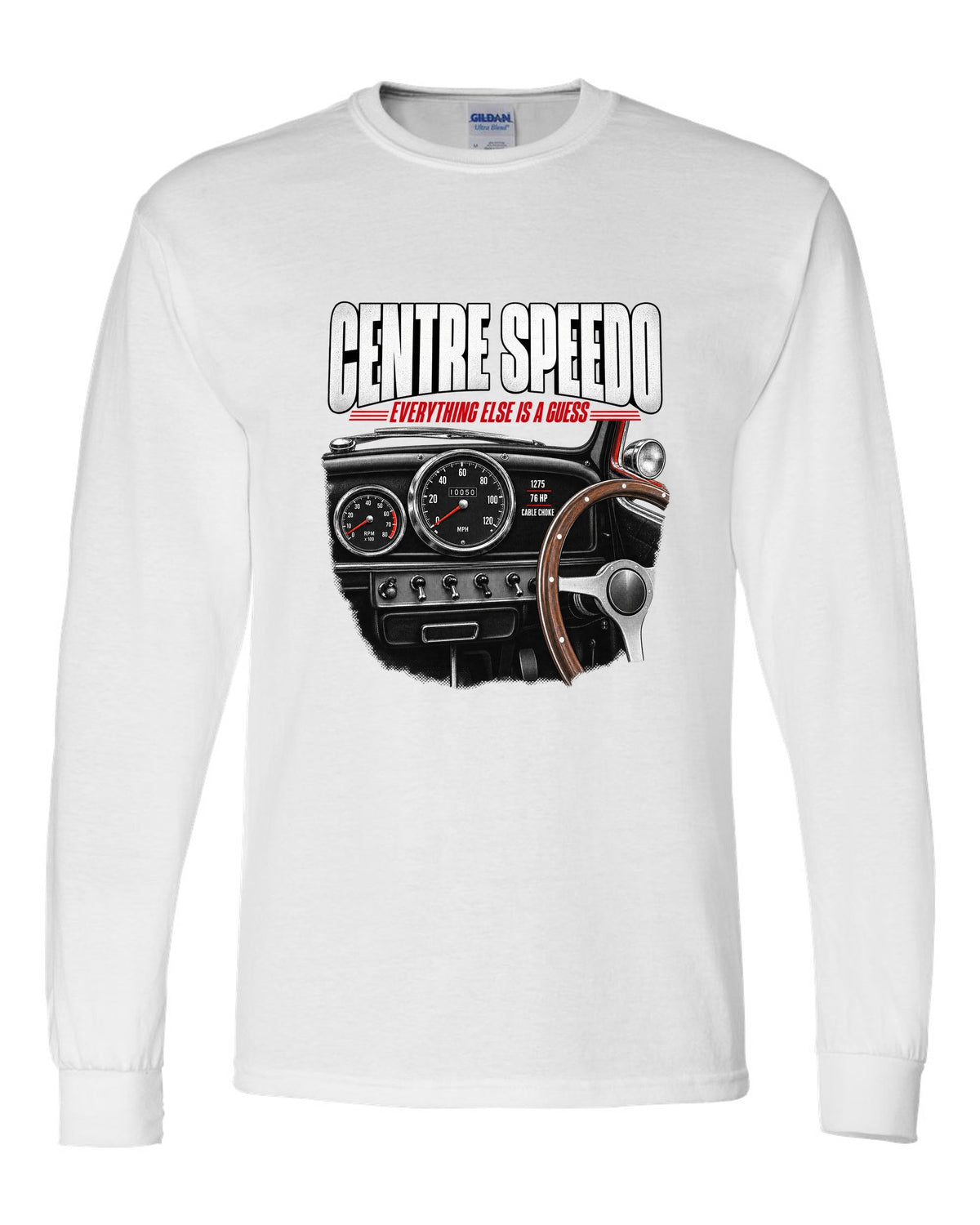print of the 1967 Classic Mini Cooper S interior with centre speedometer and 1275 spec lettering white long sleeve front view with the design