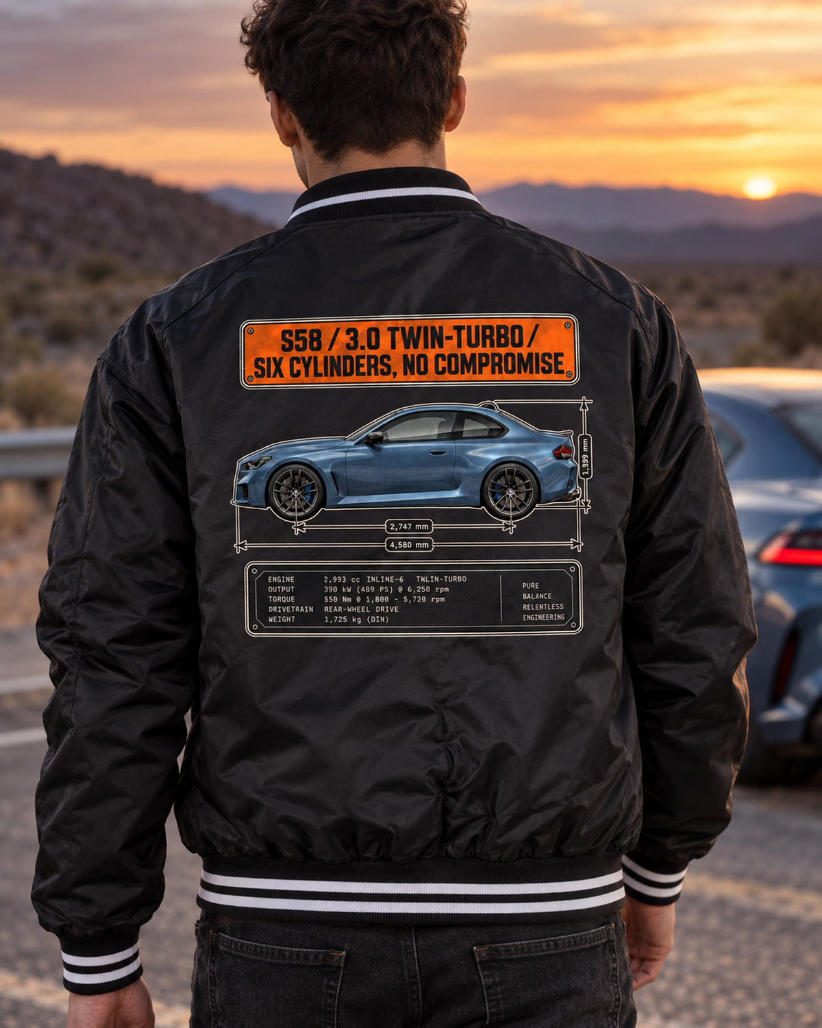 BMW M2 G87 Dimension Blueprint Tee, S58 Six-Cylinder Car Shirt Bomber Jacket Black worn hero