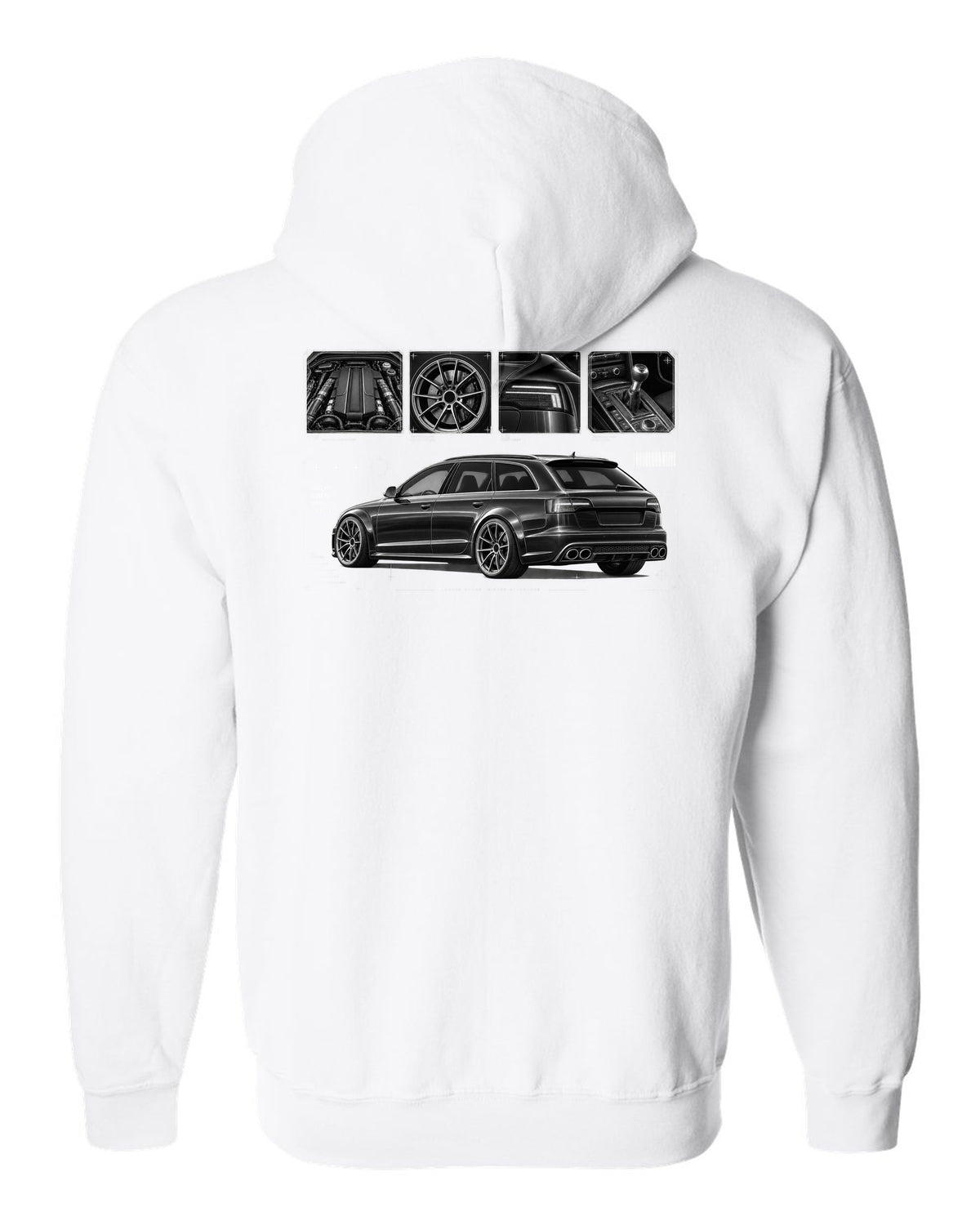 Audi RS6 Avant C6 4F Dossier Panels white zip hoodie back view with the design