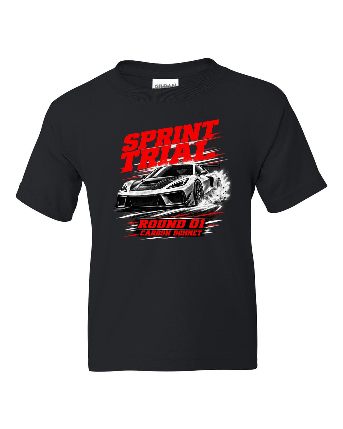Honda NSX-R NA1 race poster design with sprint trial round 01 carbon bonnet text black kids tee front view with the design