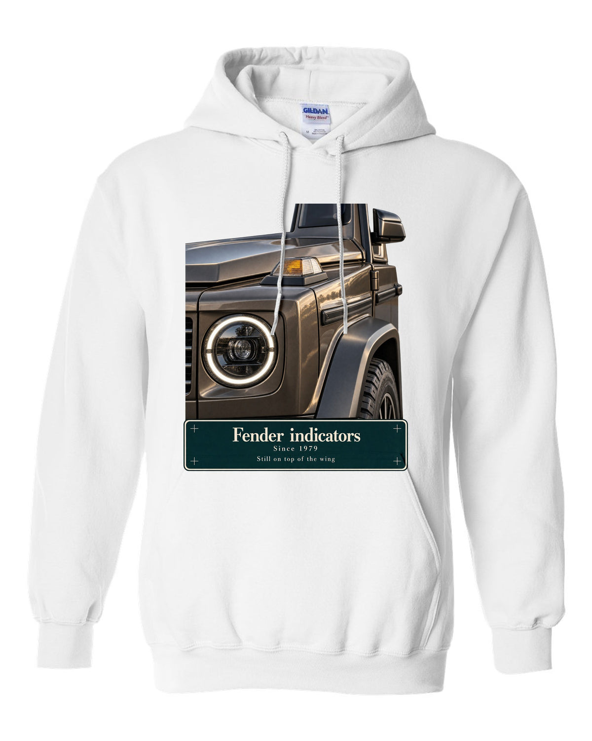 Round fender lamp macro print of a Mercedes-AMG G63 W463A white pull over hoodie front view with the design