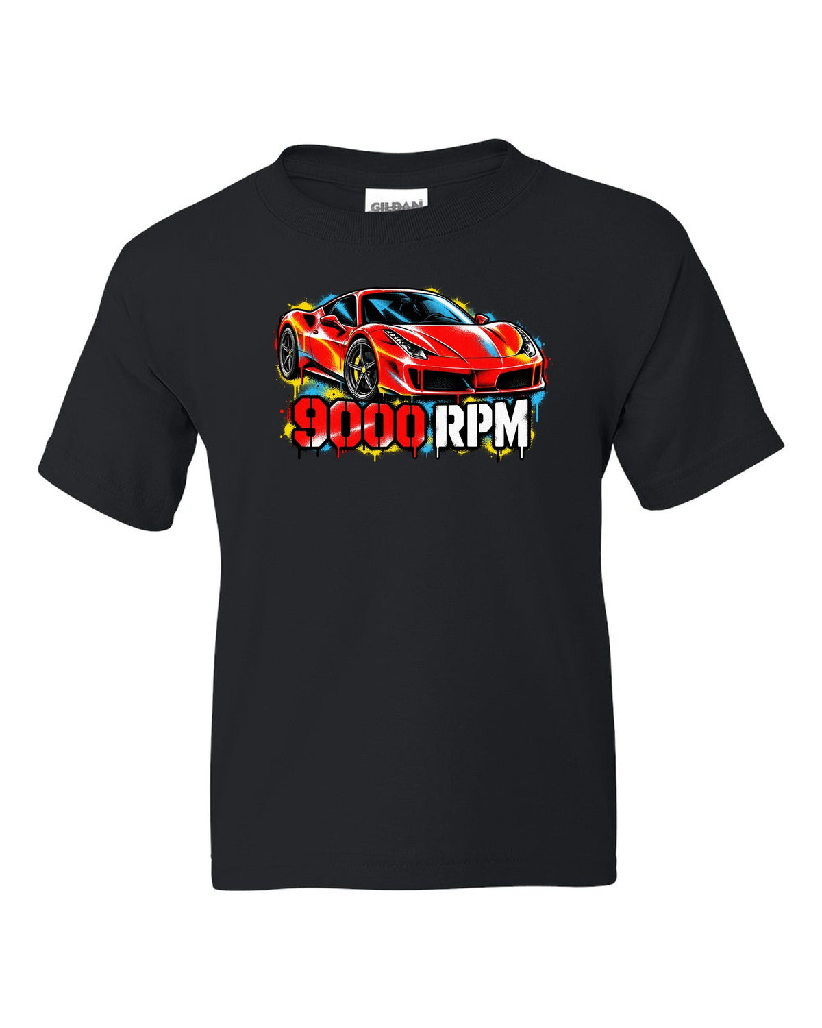 Stencil spray street art of the Ferrari 458 Italia with 9000 RPM text black kids tee front view with the design