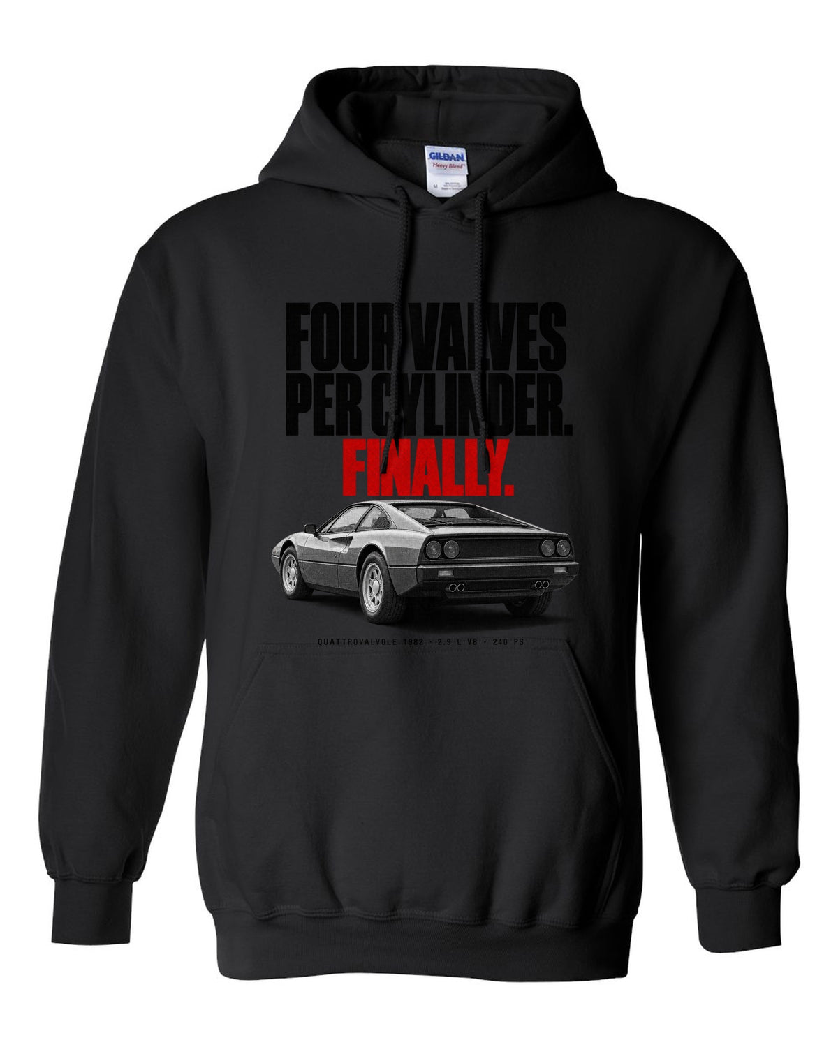 Ferrari 308 GTB Quattrovalvole 1982 rear three-quarter halftone print, four valves per cylinder black pull over hoodie front view with the design