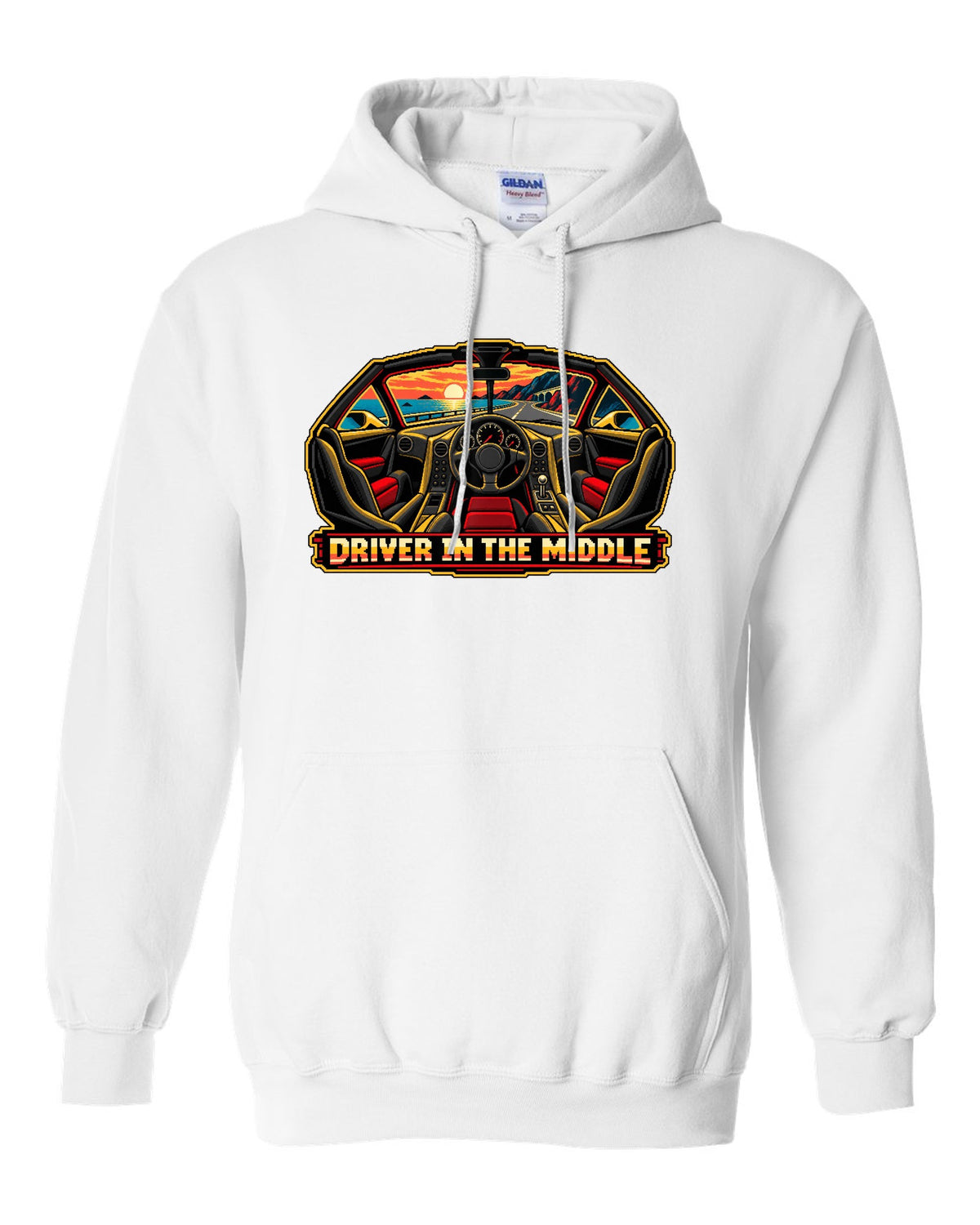 8/16-bit pixel art print of the McLaren F1 with Driver in the Middle lettering white pull over hoodie front view with the design