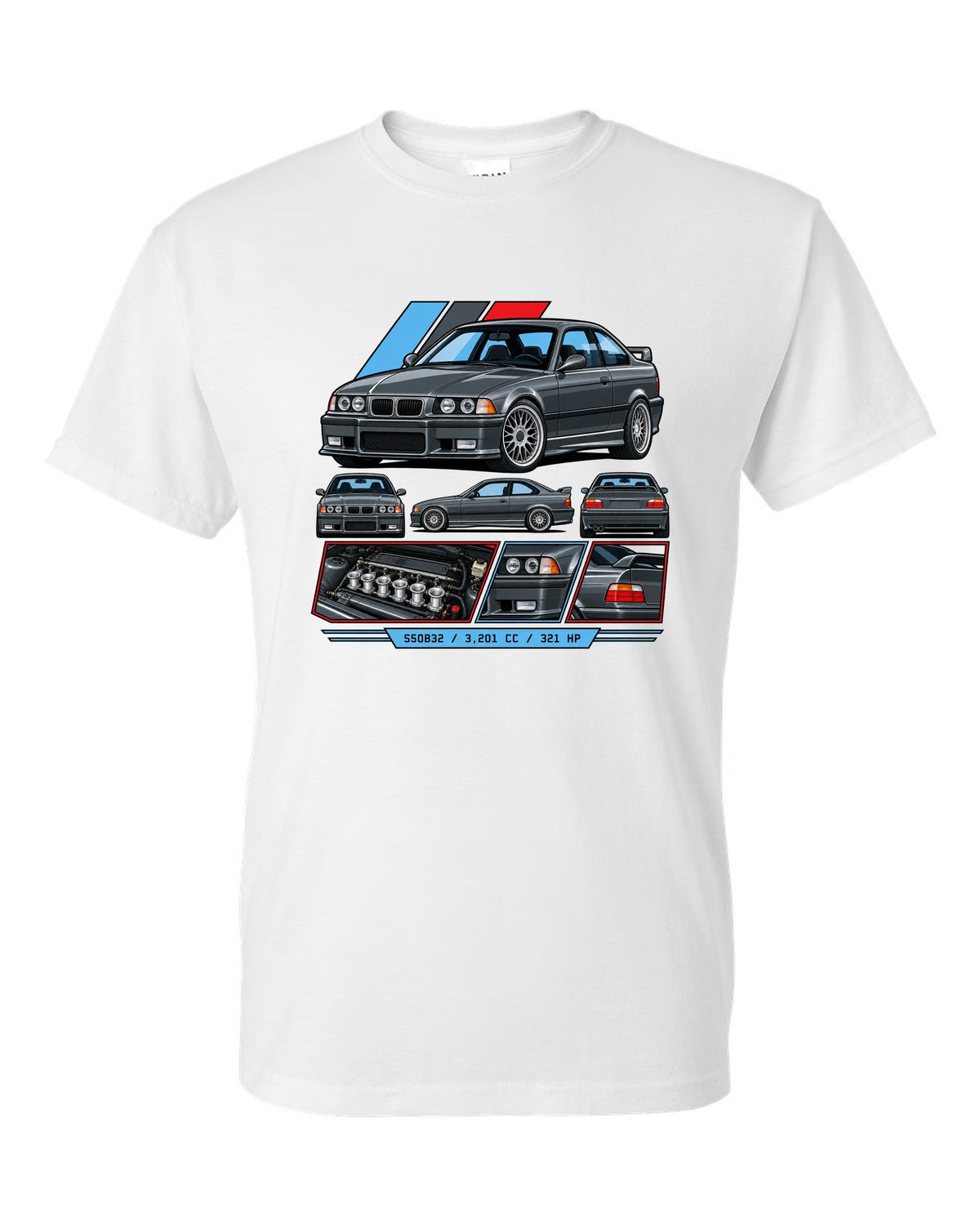 Cel-shaded anime night touge print of a BMW E36 M3 with slide now fix the diff later text white t-shirt front view with the design