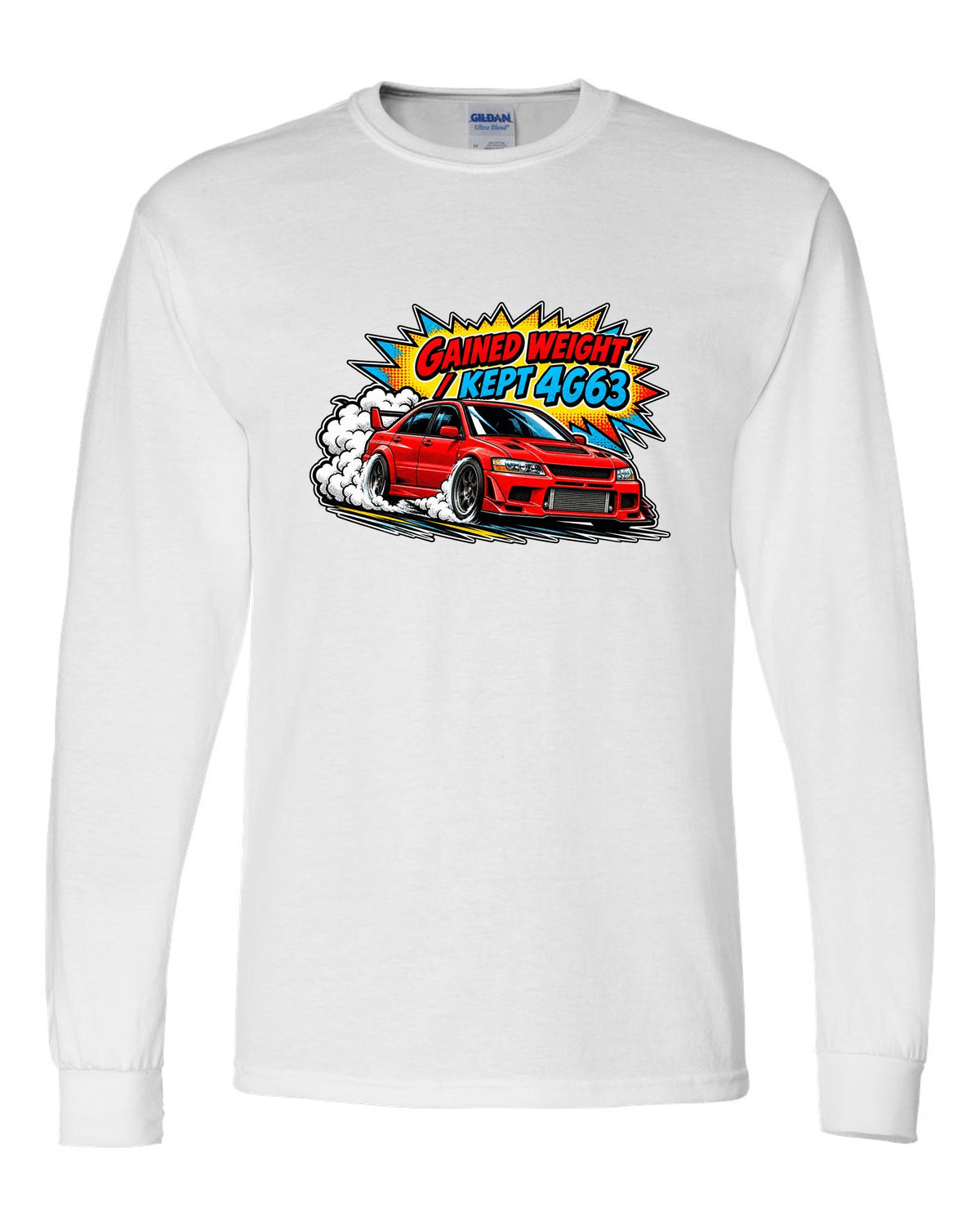 Comic halftone pop-art launch print of the Mitsubishi Evo VII CT9A with gained weight kept 4G63 text white long sleeve front view with the design